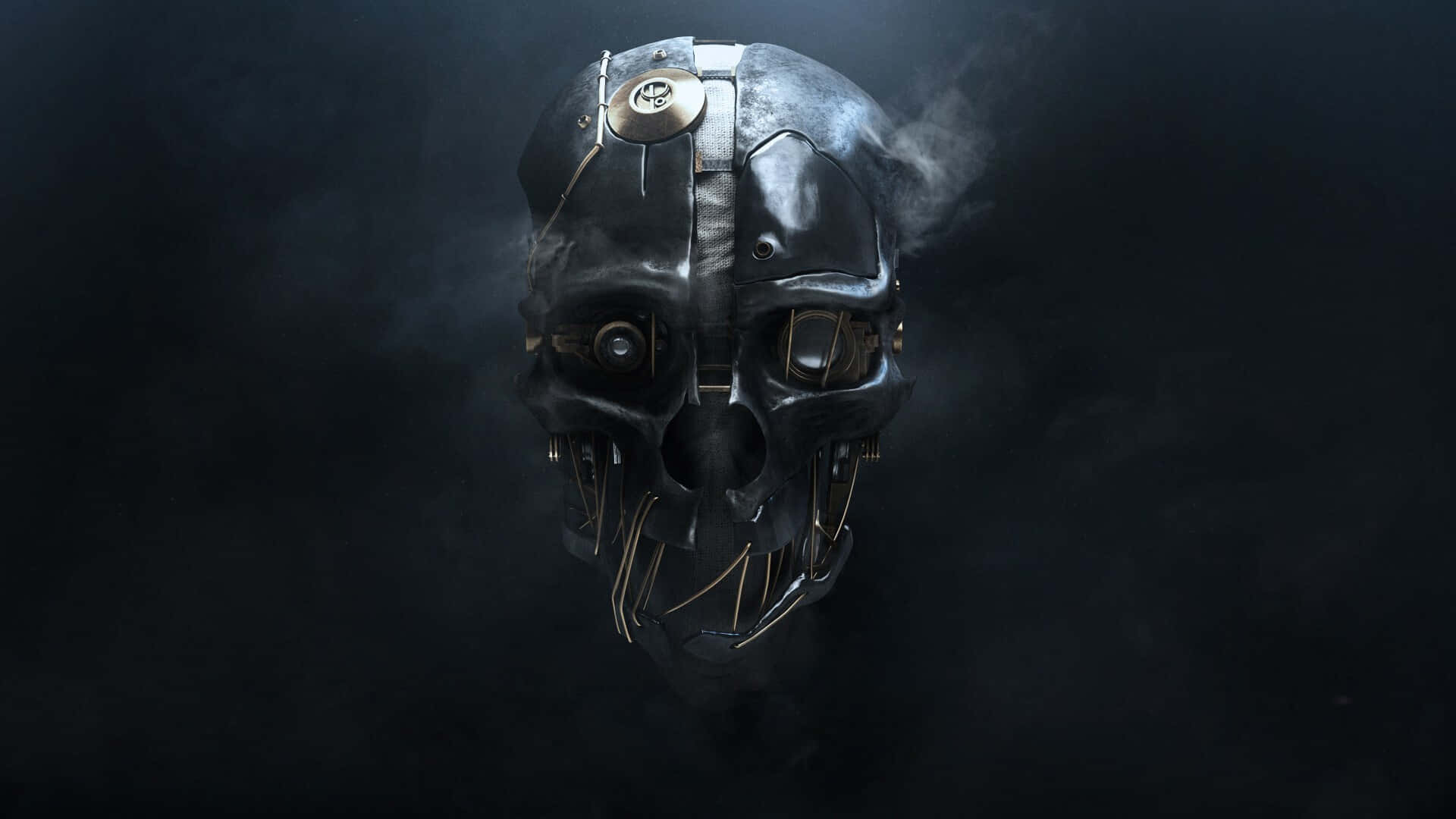 cybernetic skull, glowing eyes, steam rising from metallic jaw, Full HD Desktop Wallpaper