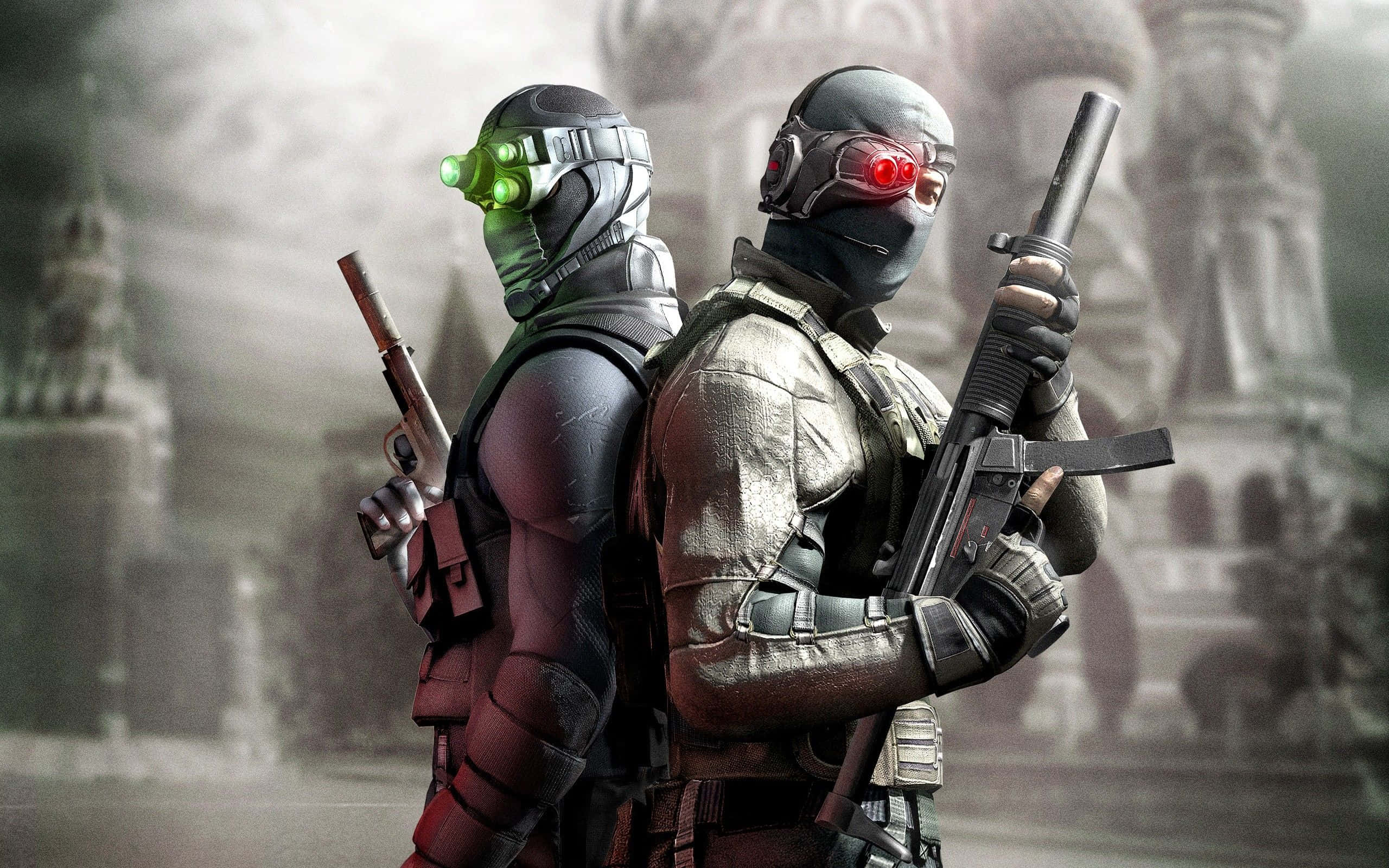 Stealth Games, glowing green visors, glowing red visors, 2K Desktop Wallpaper