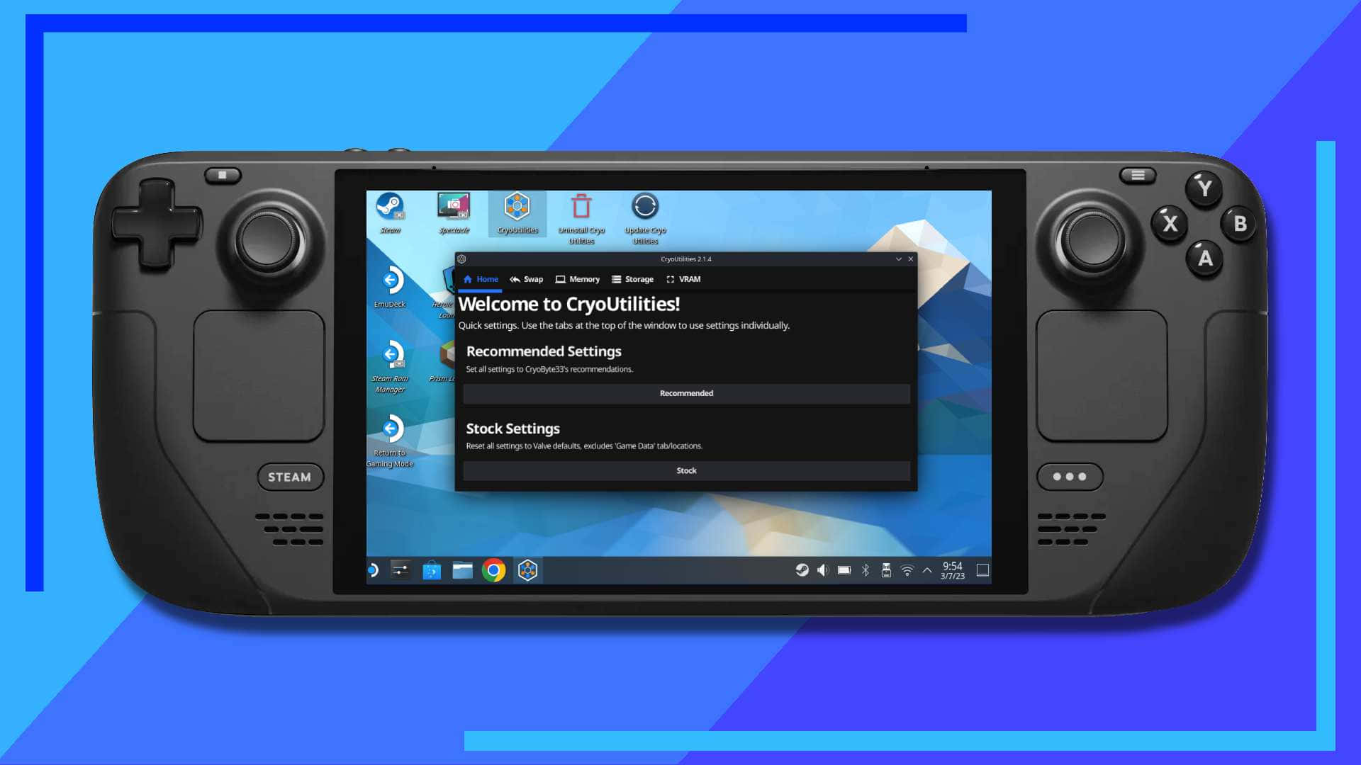 Steam Deck, CryoUtilities settings window, vibrant blue geometric background, Full HD Desktop Wallpaper