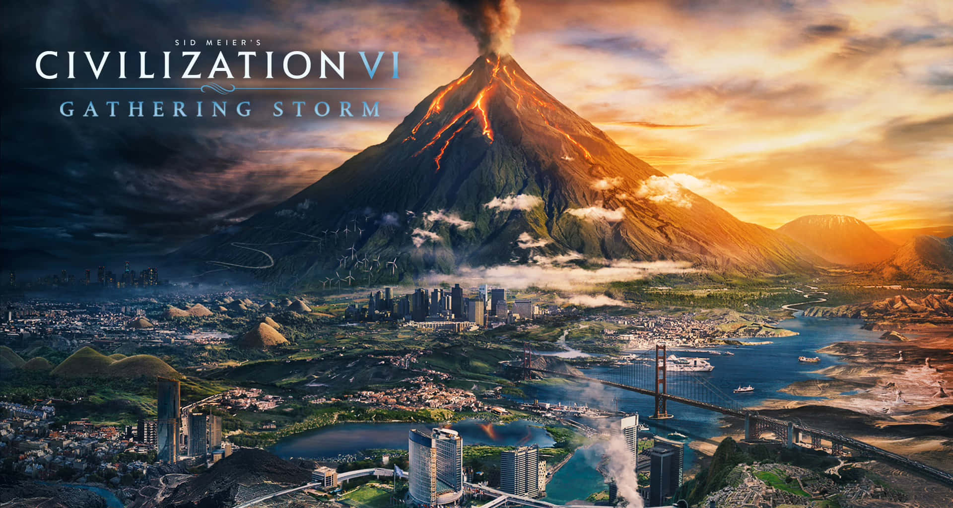 Steam Games, futuristic city, glowing volcanic mountain, Full HD Desktop Wallpaper