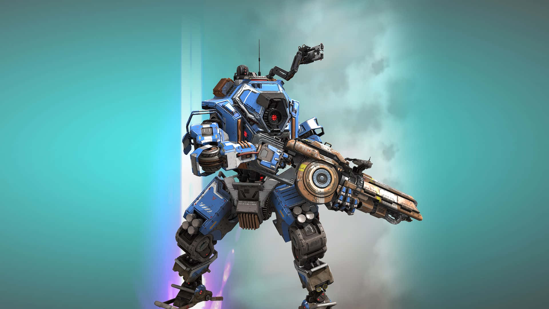 blue and black armored mech, heavy weapon, glowing teal and purple background, Full HD Desktop Wallpaper