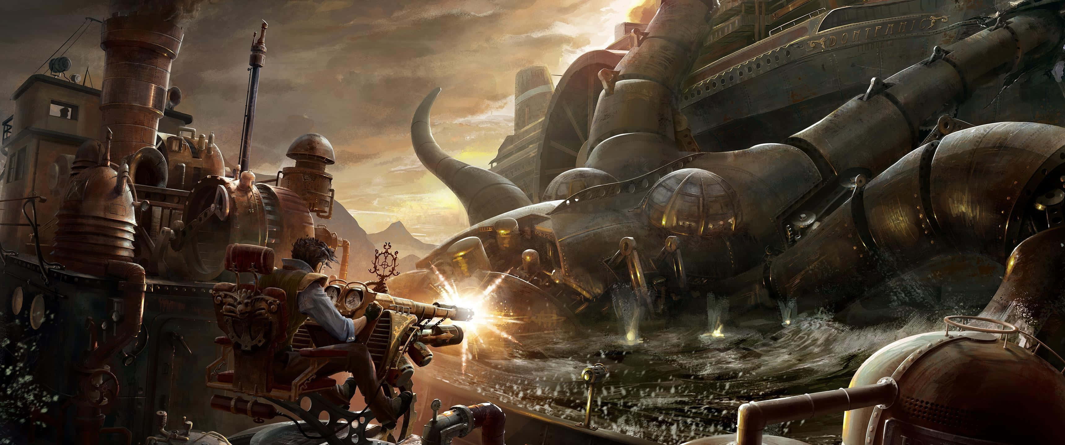steampunk warrior, glowing weapon, mechanical vehicle, 2K Desktop Wallpaper