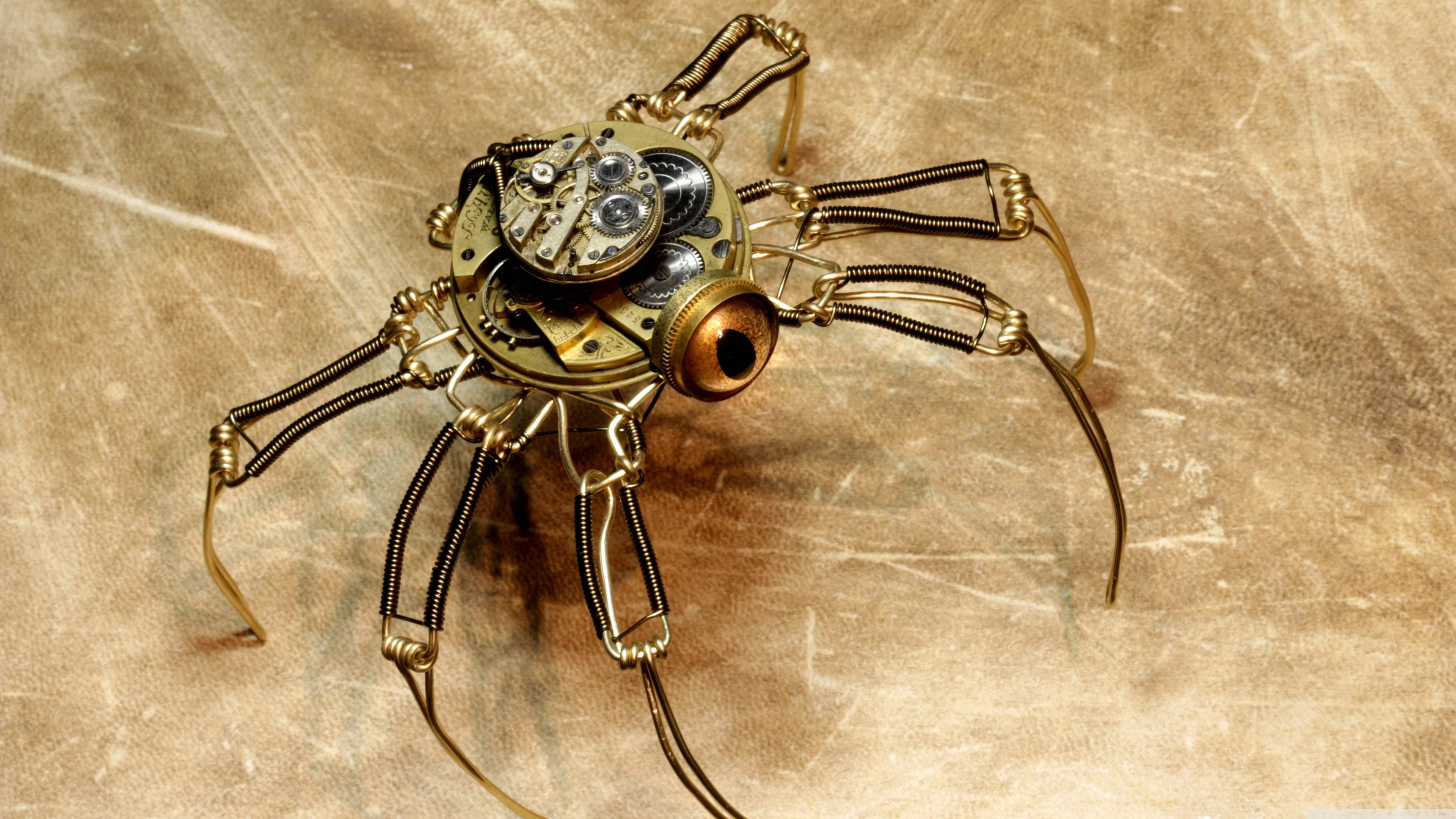 steampunk spider, brass gears, wires, 4K Desktop Wallpaper