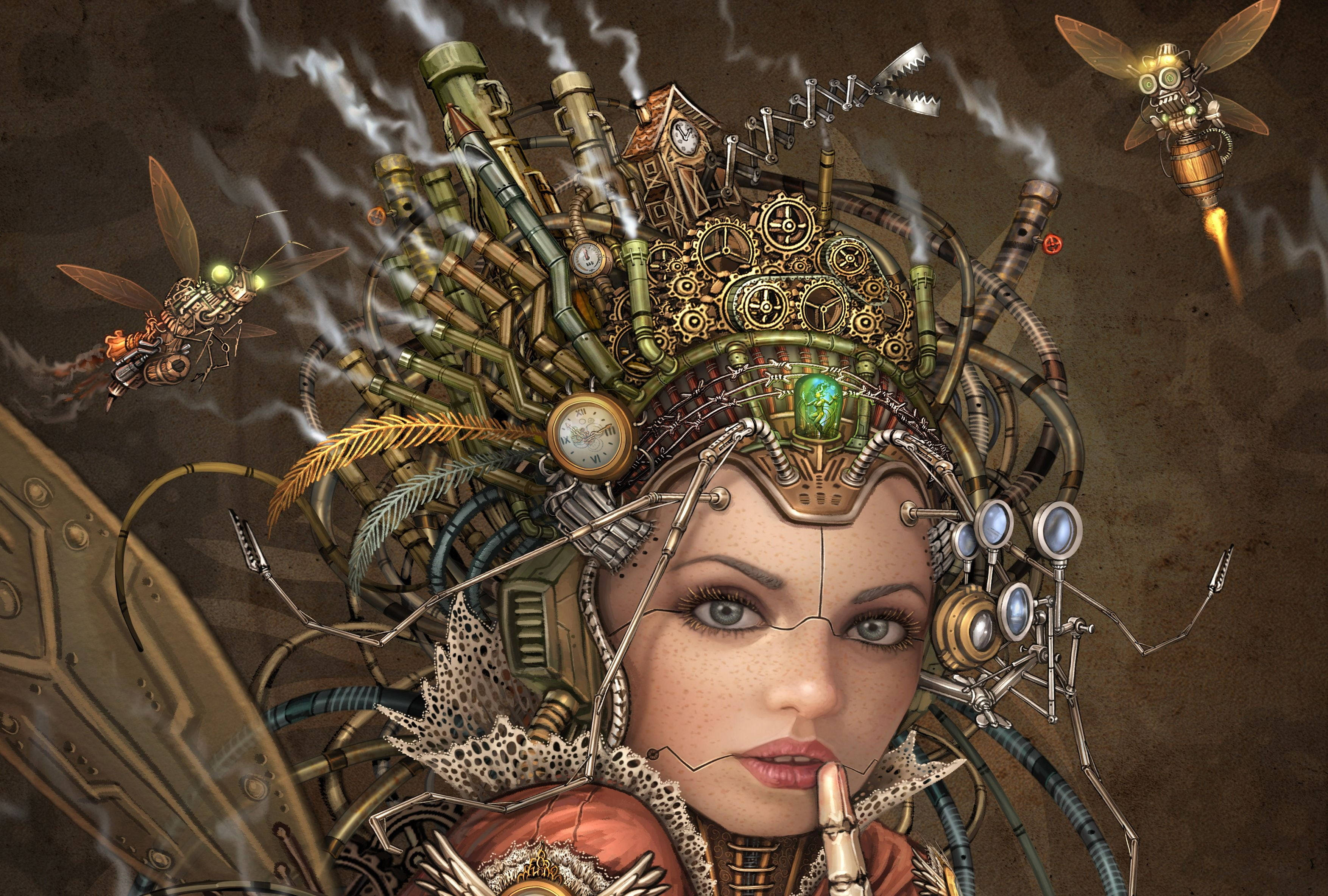 steampunk, robotic woman, mechanical gears, 2K Desktop Wallpaper