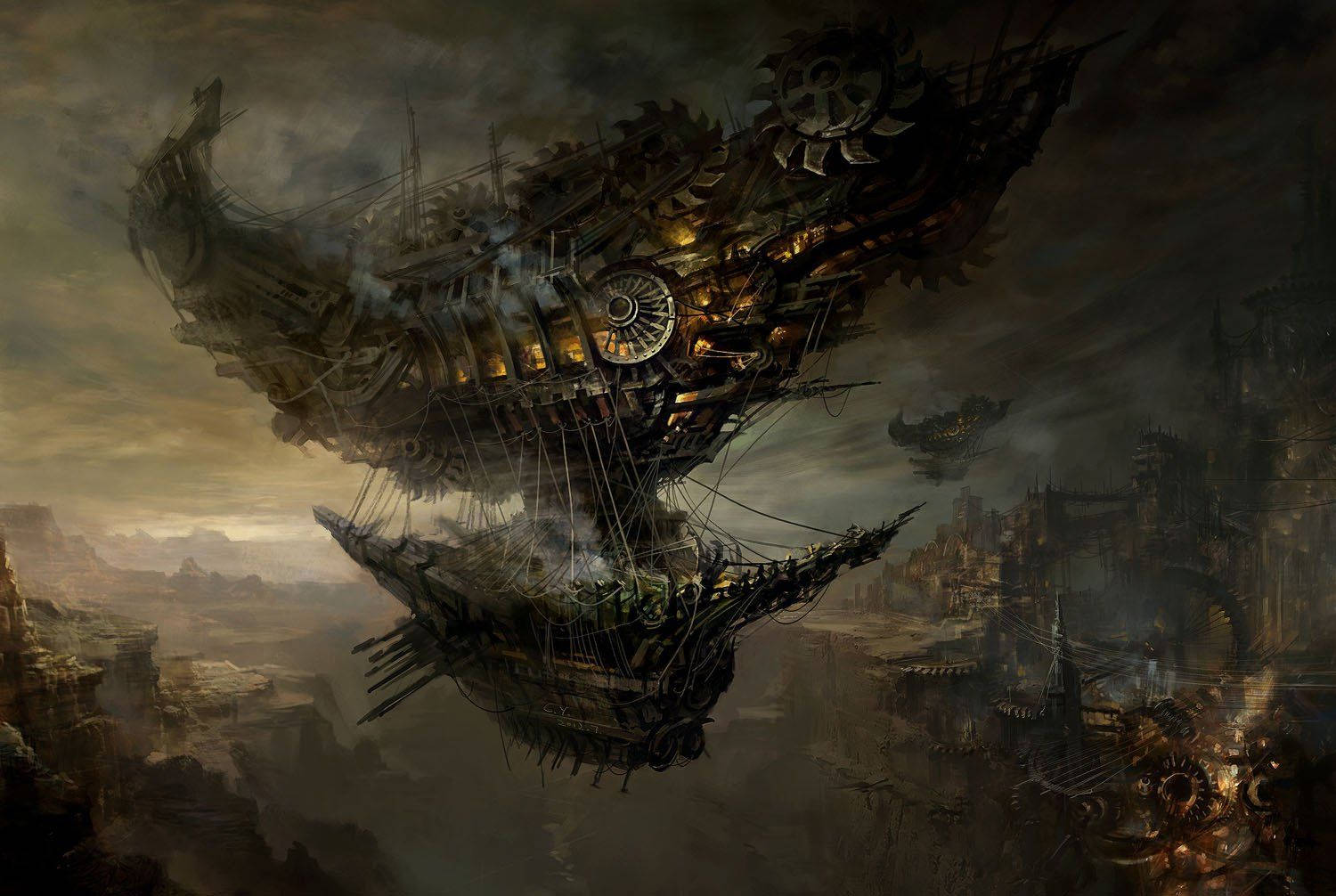 steampunk airship, glowing gears, smoke drifts, HD Desktop Wallpaper