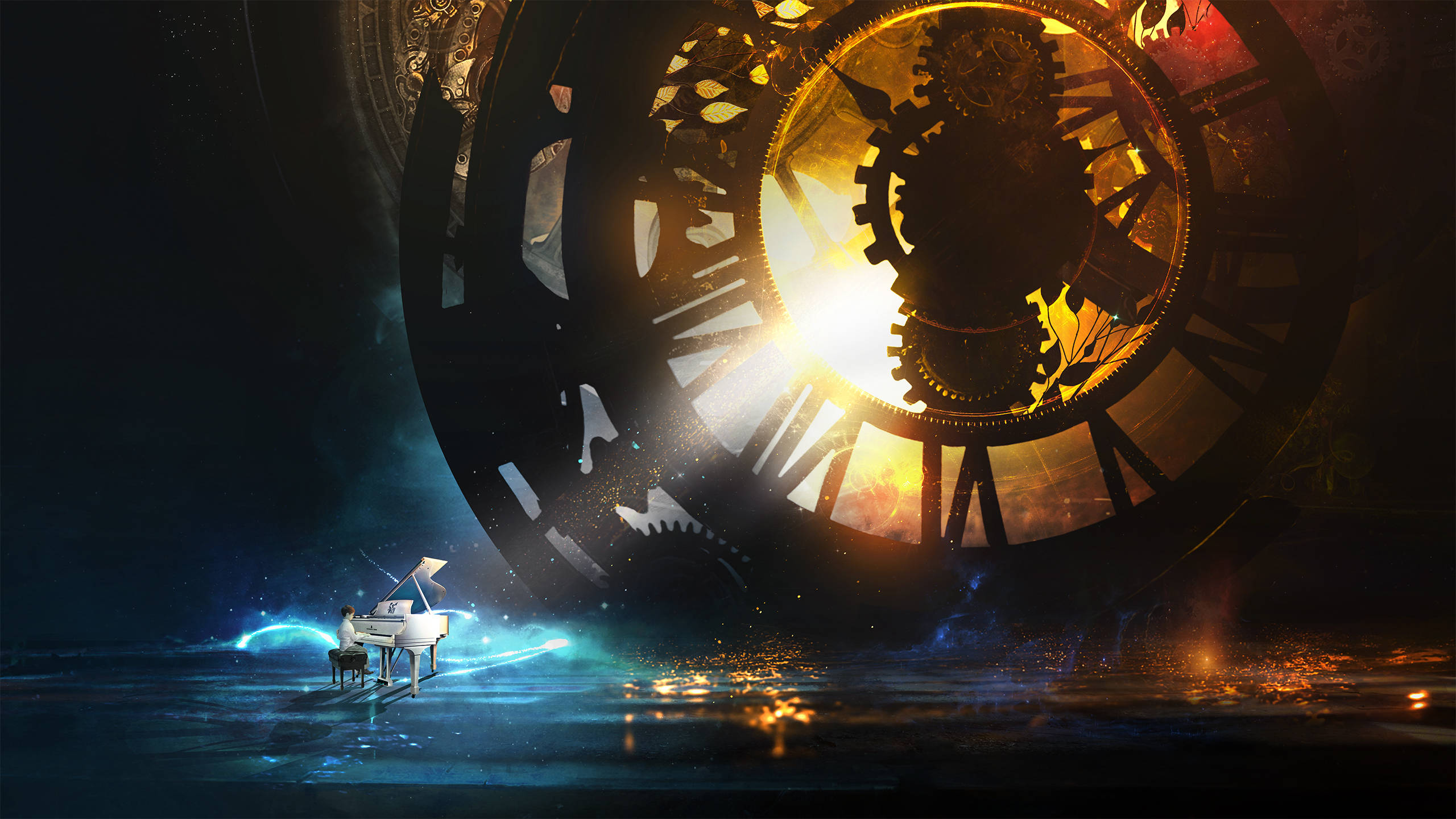 white grand piano, colossal glowing clockwork gear, cosmic void, 2K Desktop Wallpaper