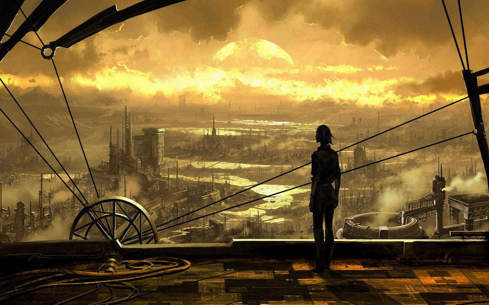 steampunk girl, sunset, rusted platform, Full HD Desktop Wallpaper