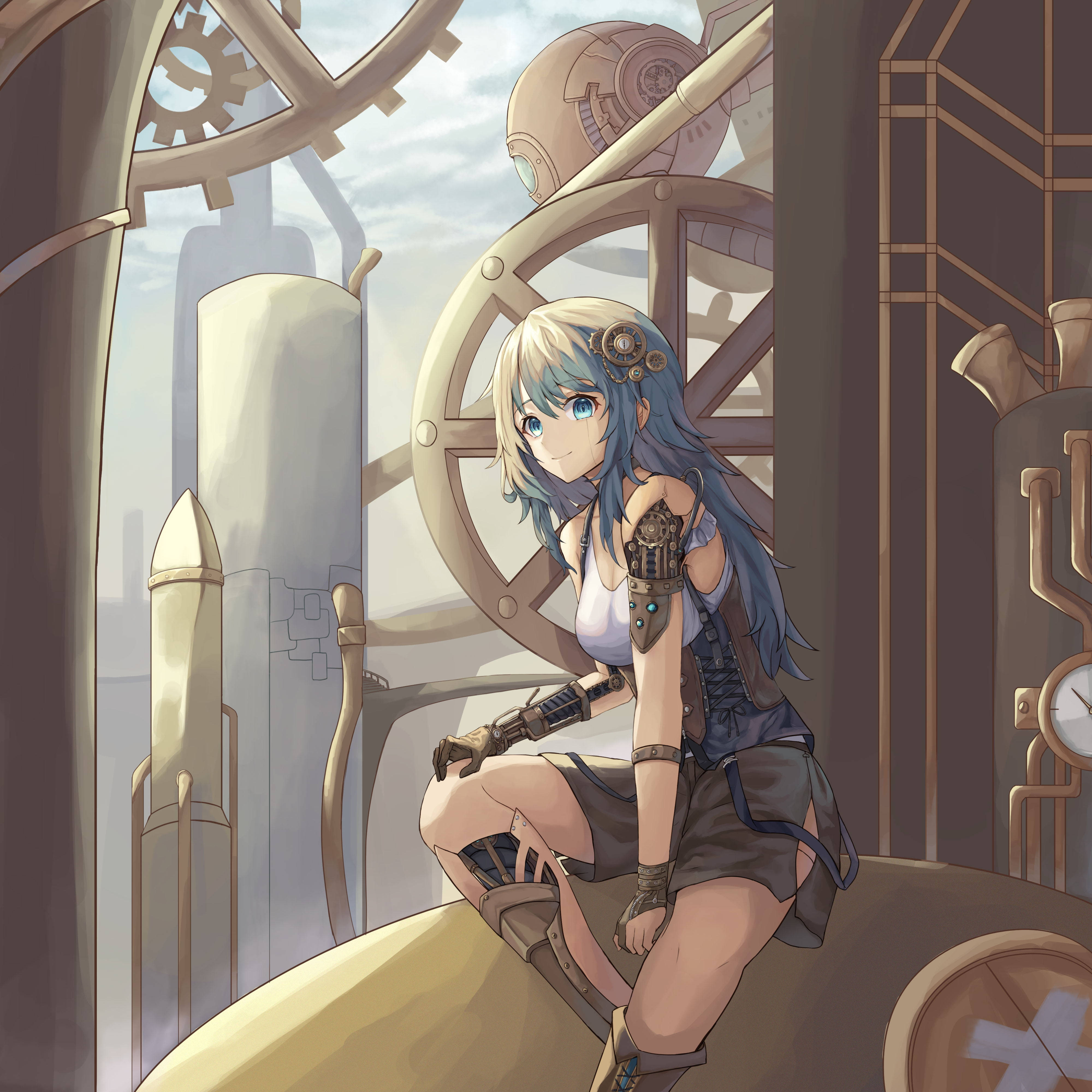 steampunk, blue-haired anime girl, mechanical arm, 4K Desktop Wallpaper