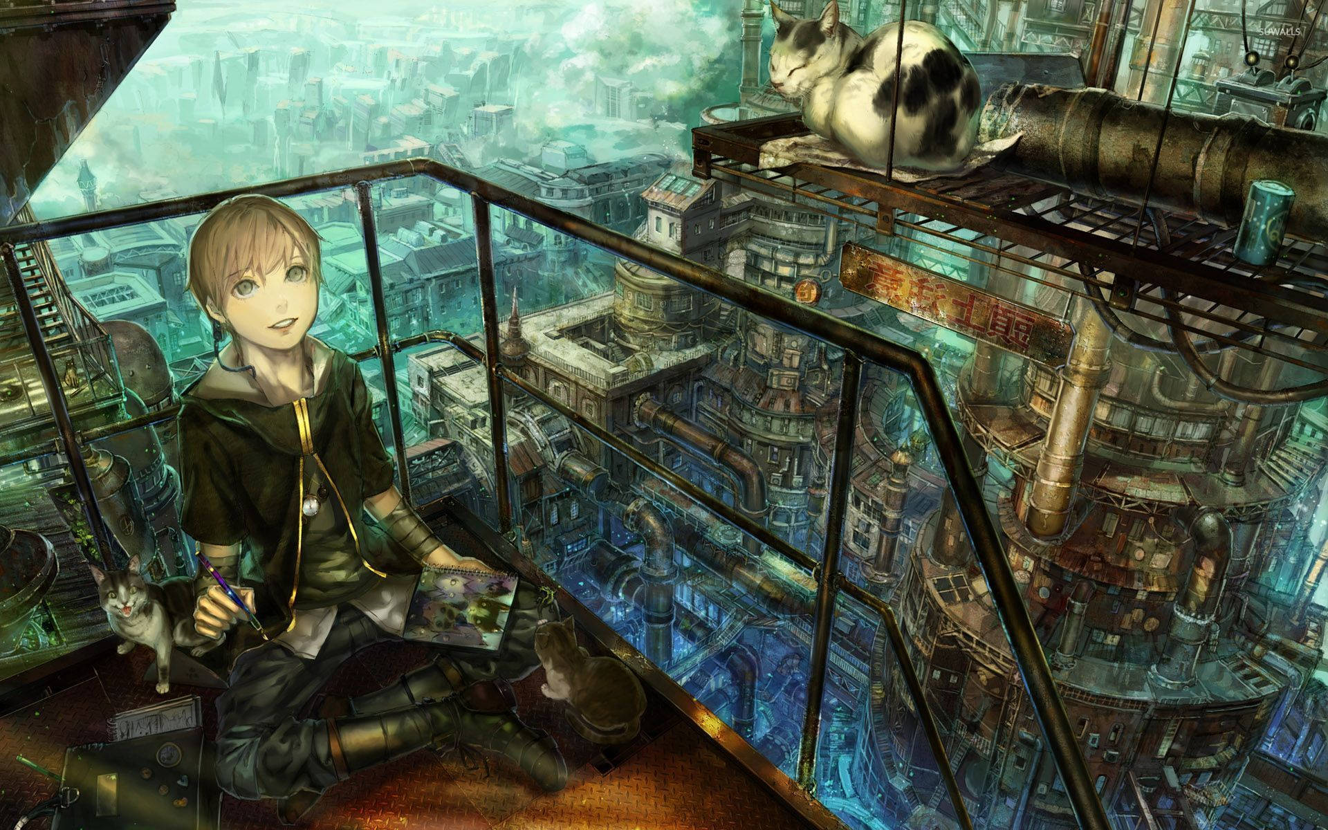 steampunk boy, cats, balcony, Full HD Desktop Wallpaper