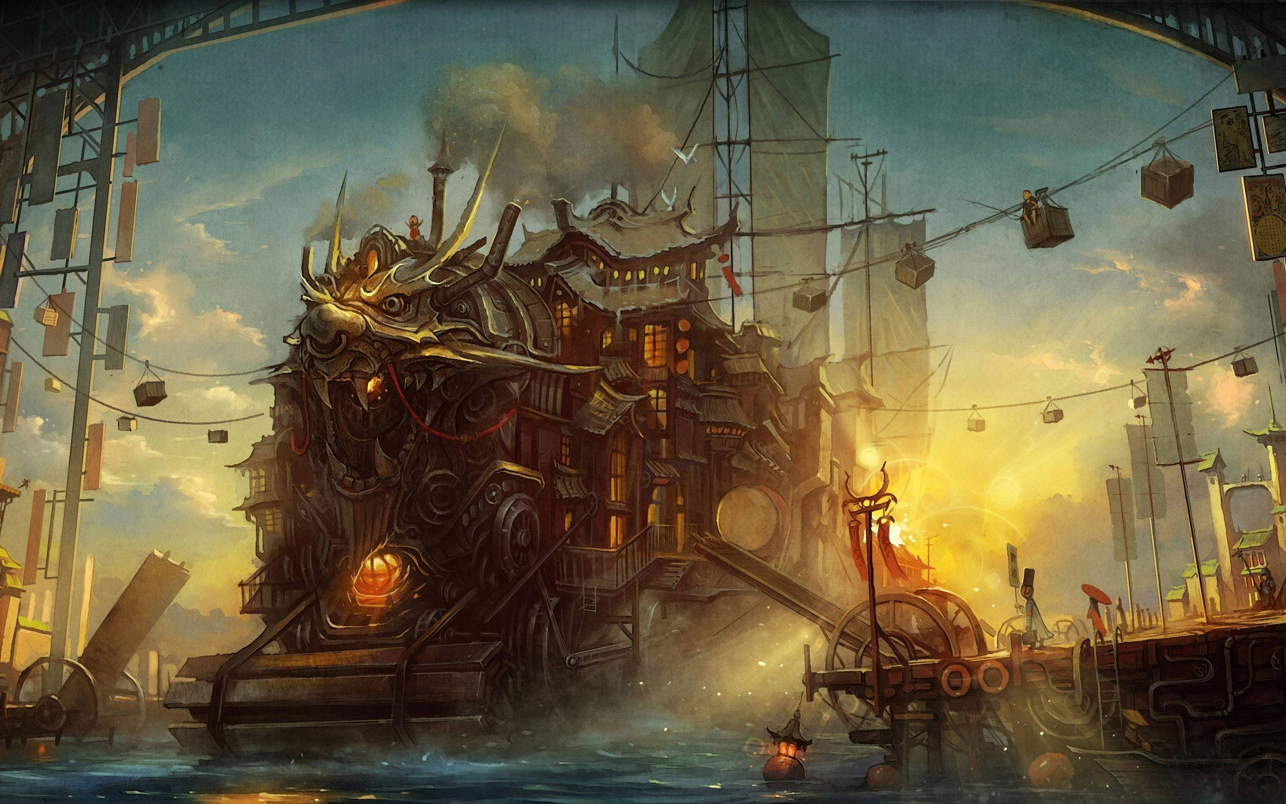 steampunk sailing ship, dragon-headed steamship, glowing windows, 2K Desktop Wallpaper