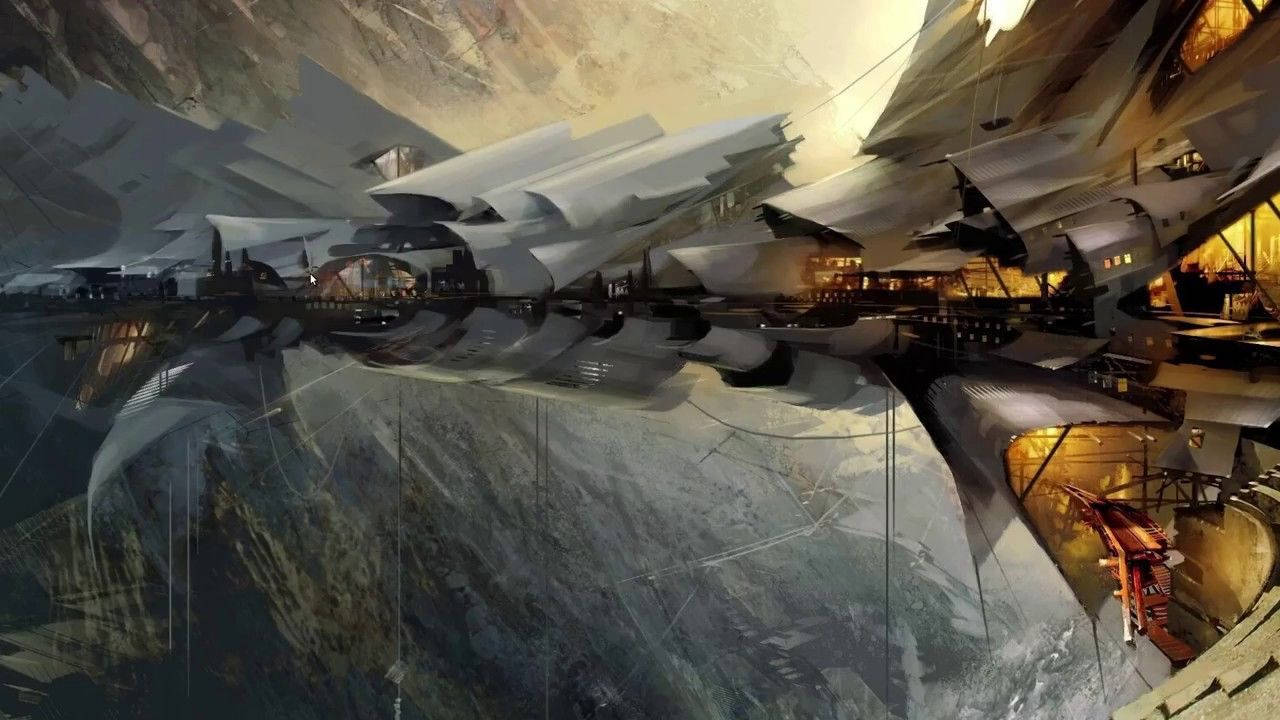 Steampunk-style airship, futuristic metallic structures, reflective water surface, HD Desktop Wallpaper