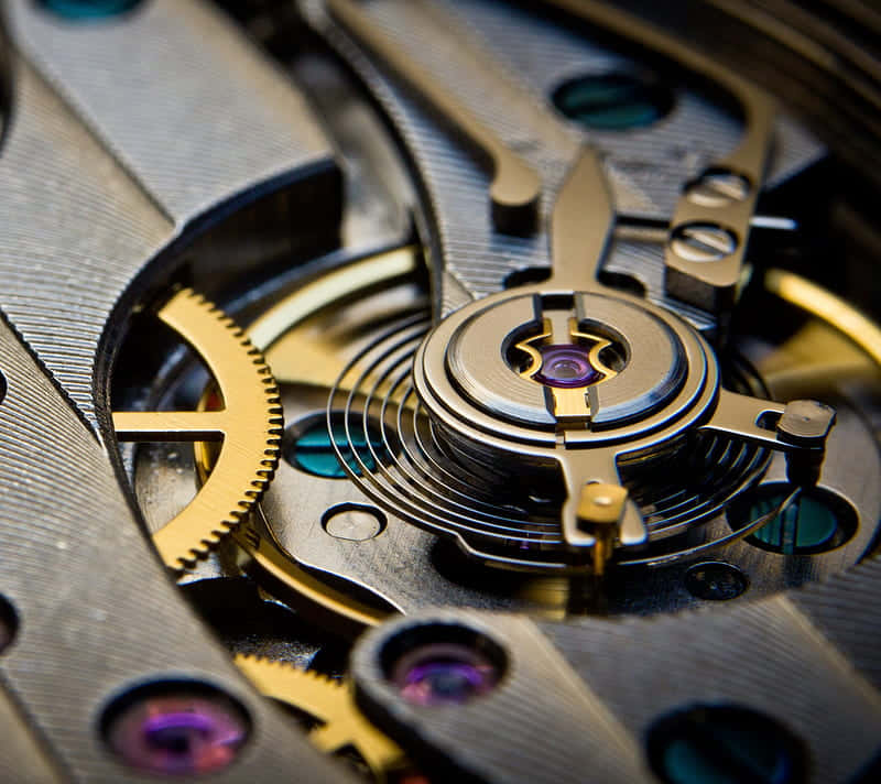 golden and silver watch gears, purple jewel bearings, precise mechanical watch, SD Desktop Wallpaper