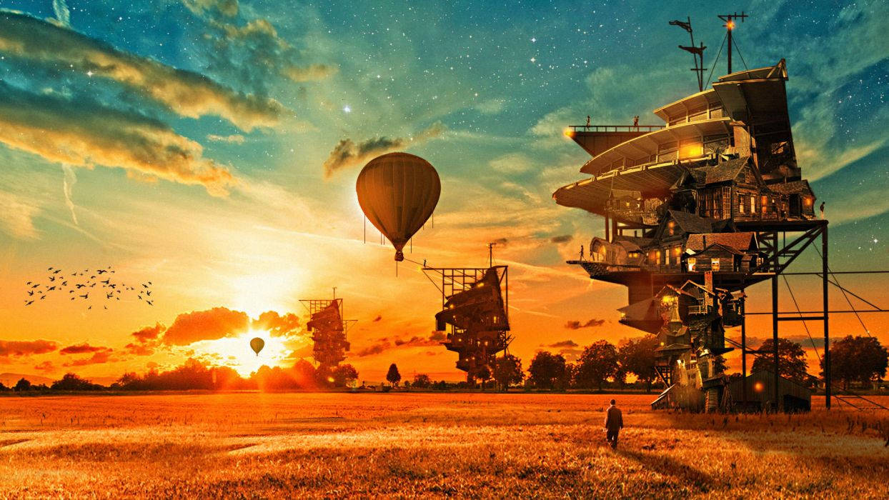 steampunk hot air balloon, tall treehouse structures, starry sunset sky, SD Desktop Wallpaper