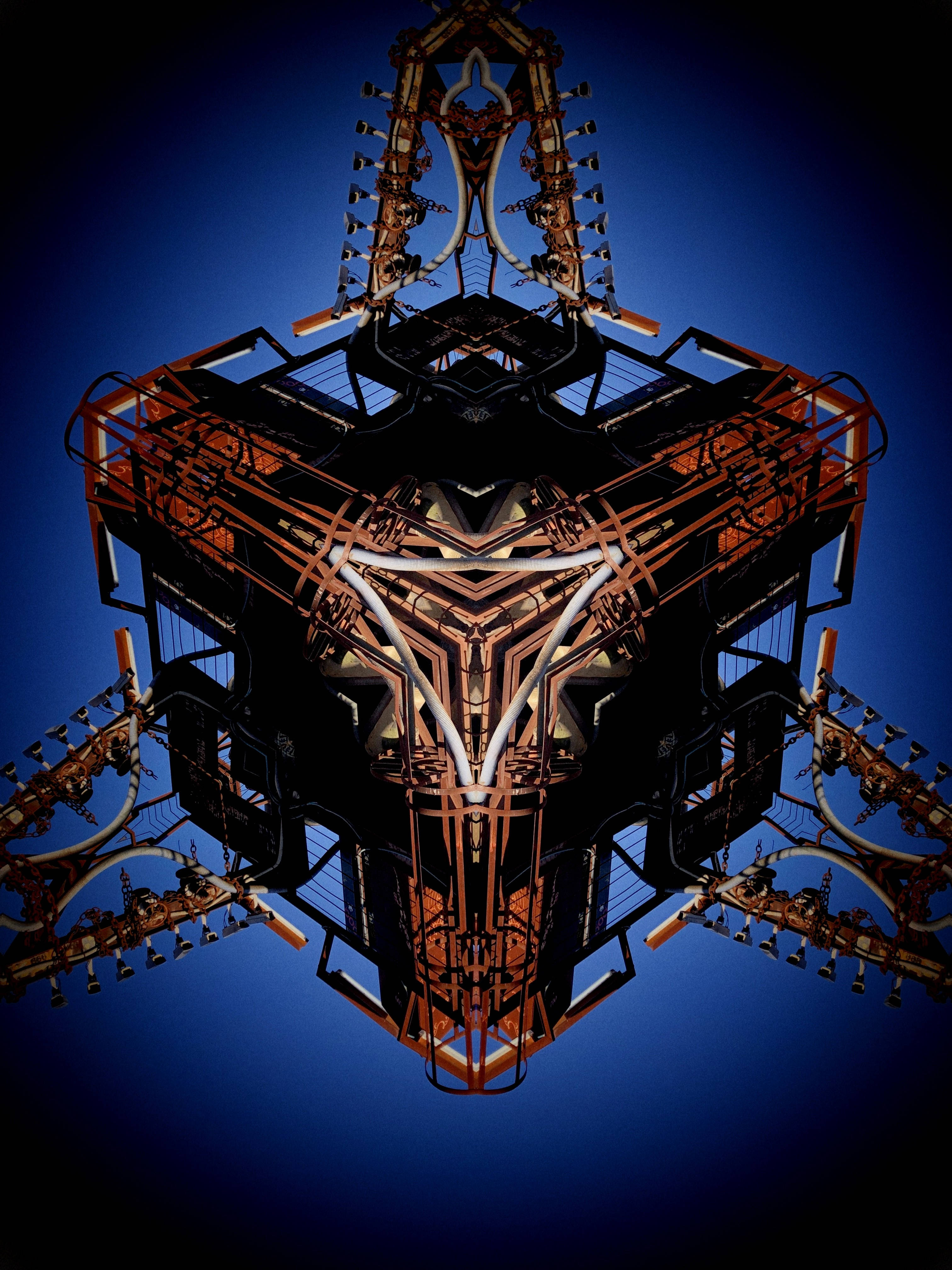 Steampunk 3D Mechanical Cube, glowing orange and white lines, deep blue gradient background, 4K Phone Wallpaper