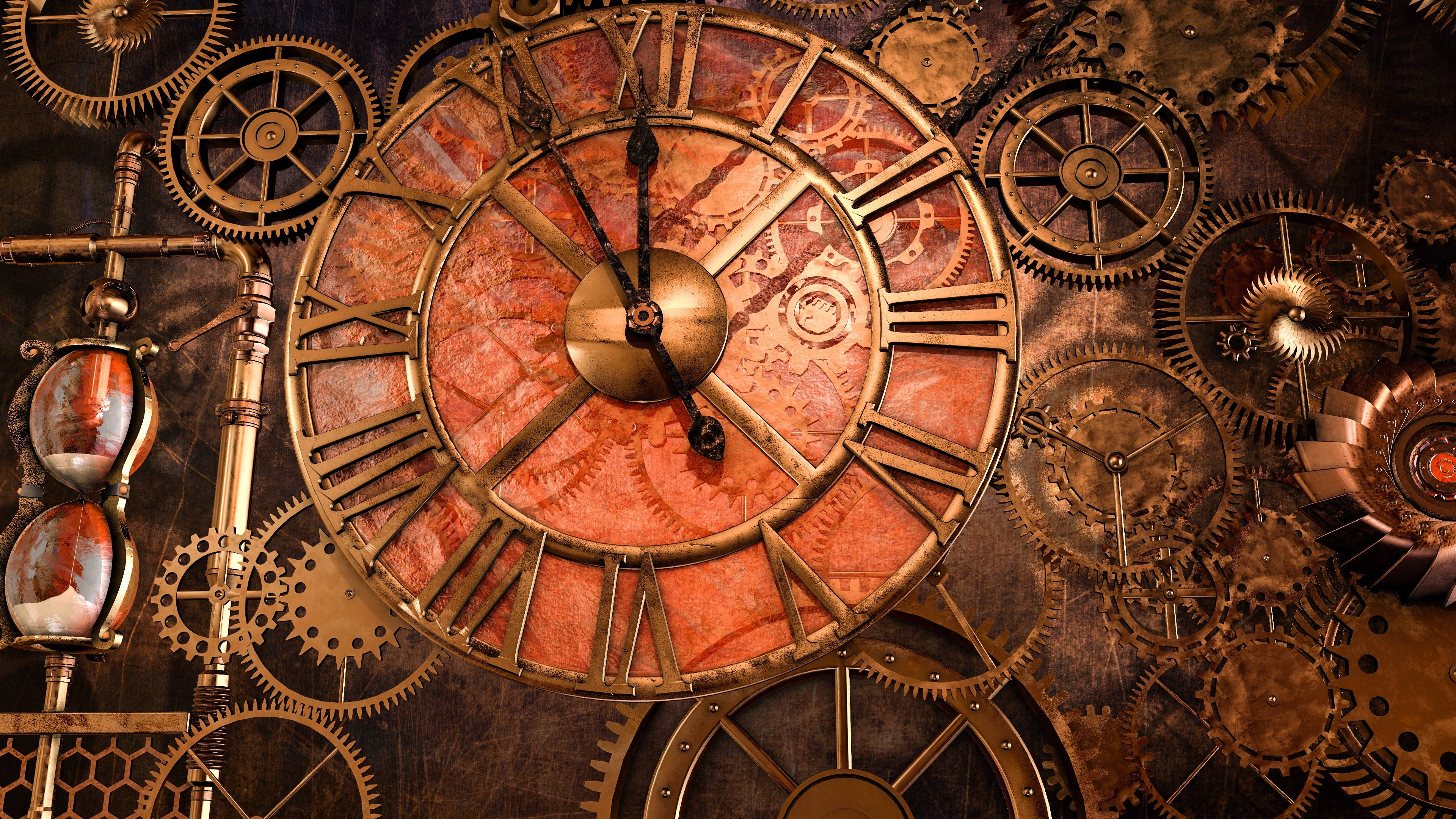 steampunk, clock, Roman numerals, 4K Desktop Wallpaper