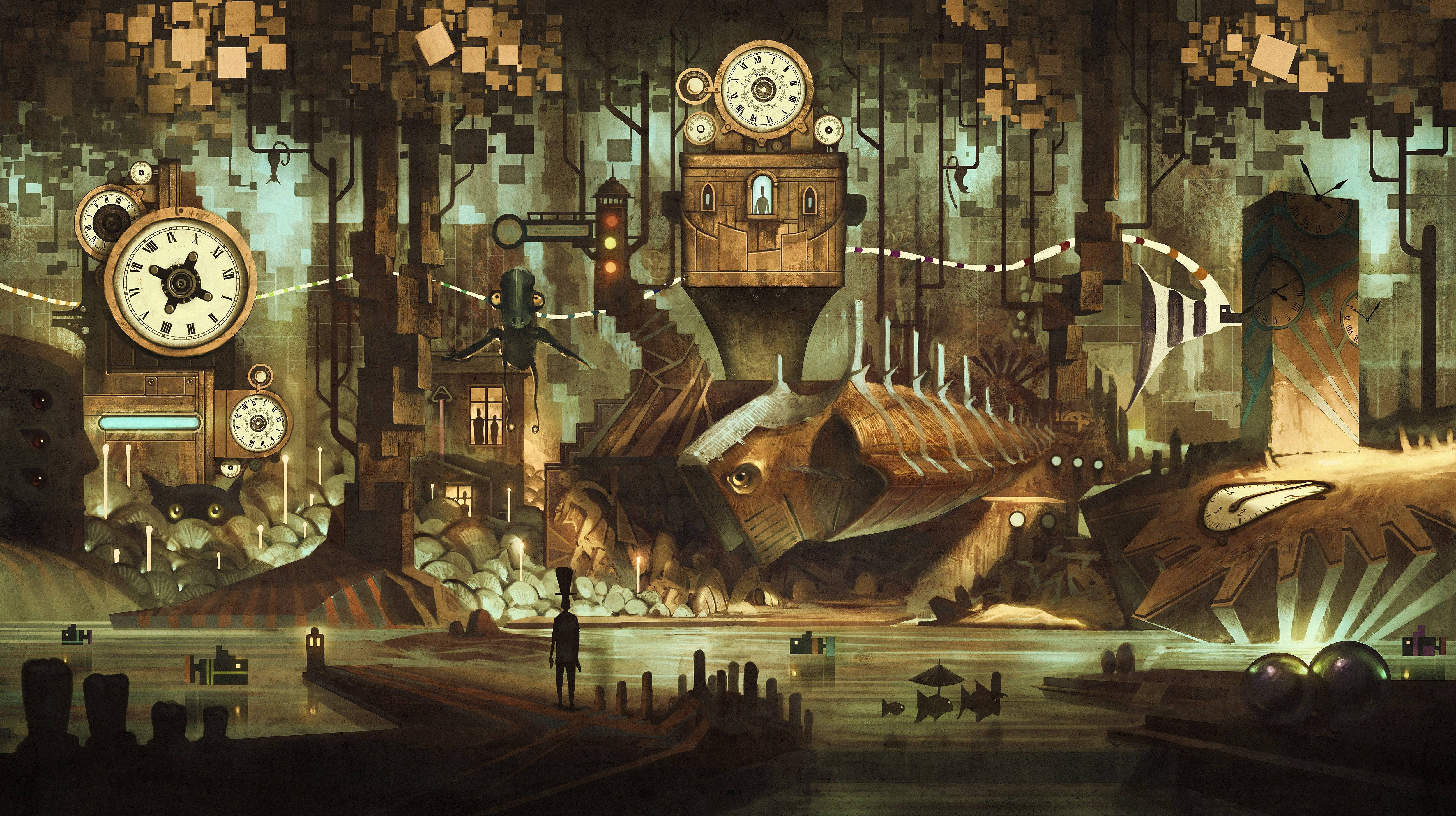 steampunk fantasy city, clockwork fish, decaying steampunk cityscape, 4K Desktop Wallpaper