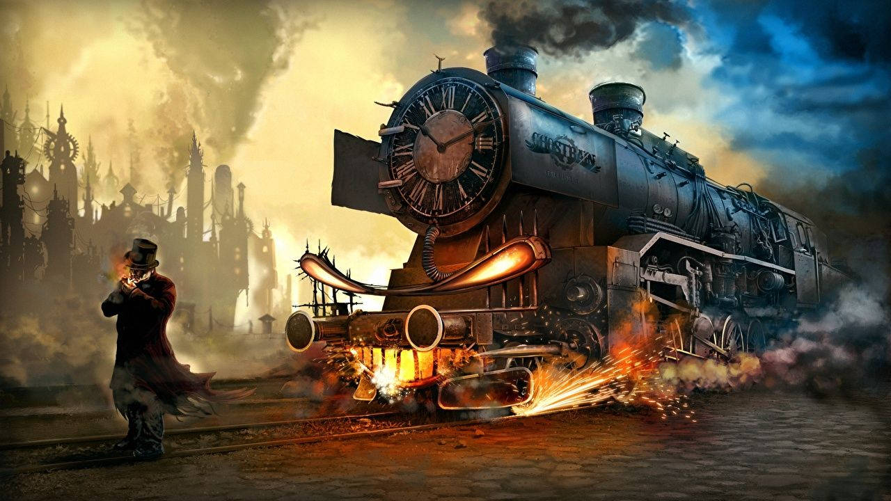 steampunk train, glowing orange sparks, smoky industrial cityscape, HD Desktop Wallpaper
