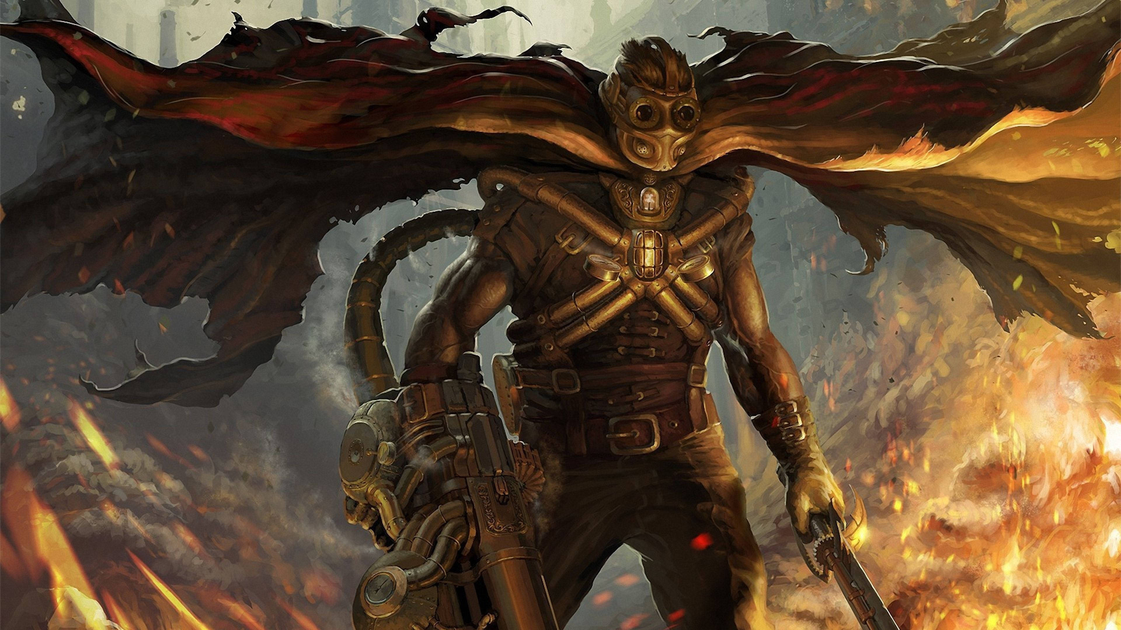 steampunk warrior, gas mask, flowing cape, 4K Desktop Wallpaper