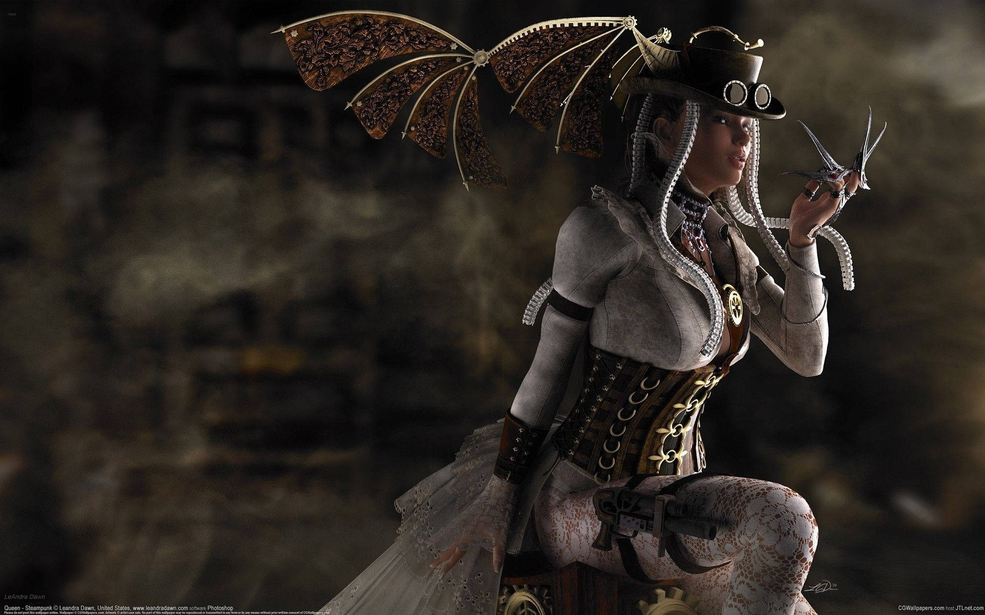 steampunk fashion woman, ornate mechanical wings, goggles, Full HD Desktop Wallpaper