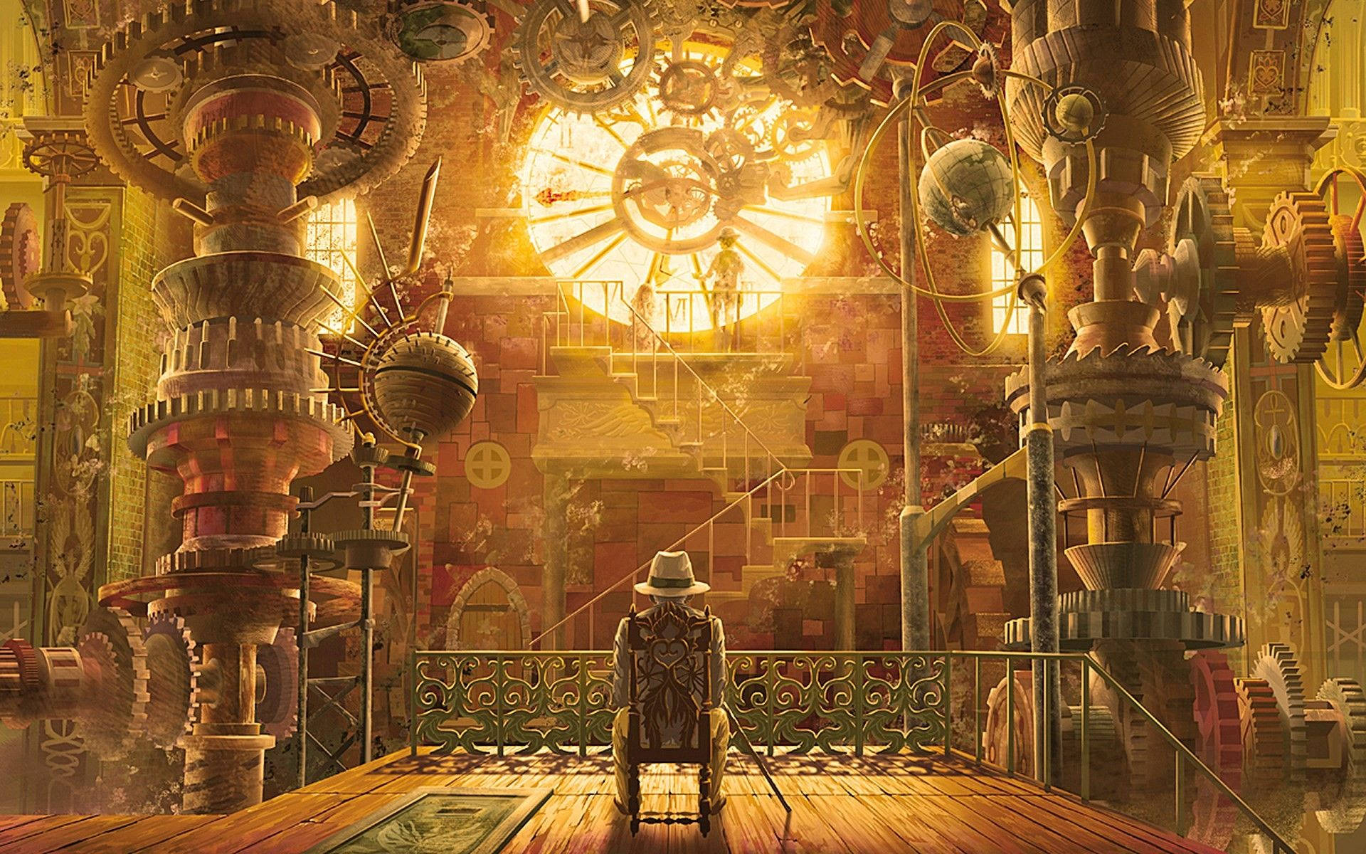 steampunk, old man, balcony, Full HD Desktop Wallpaper