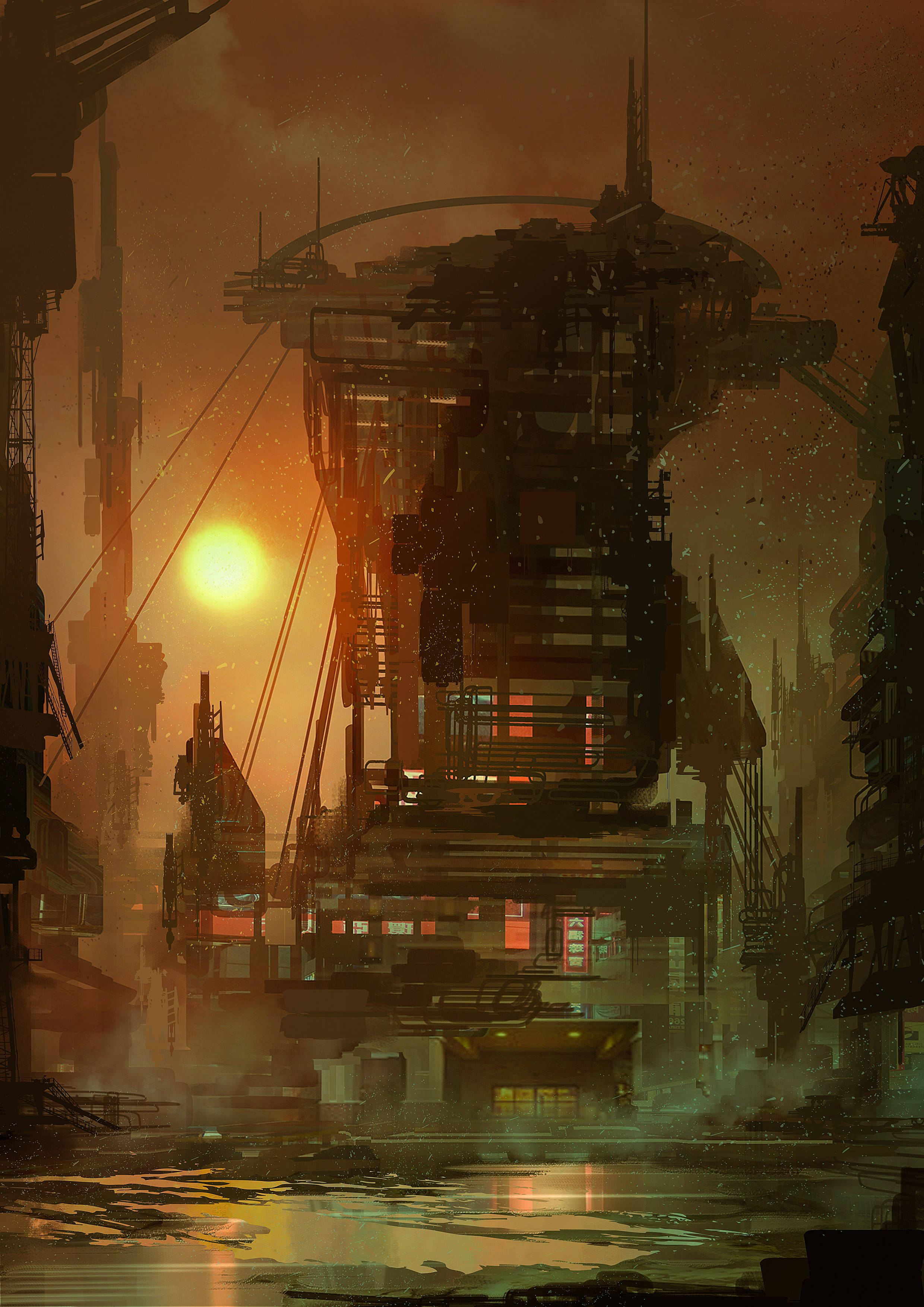 steampunk building, sunset, dystopian cityscape, 2K Phone Wallpaper