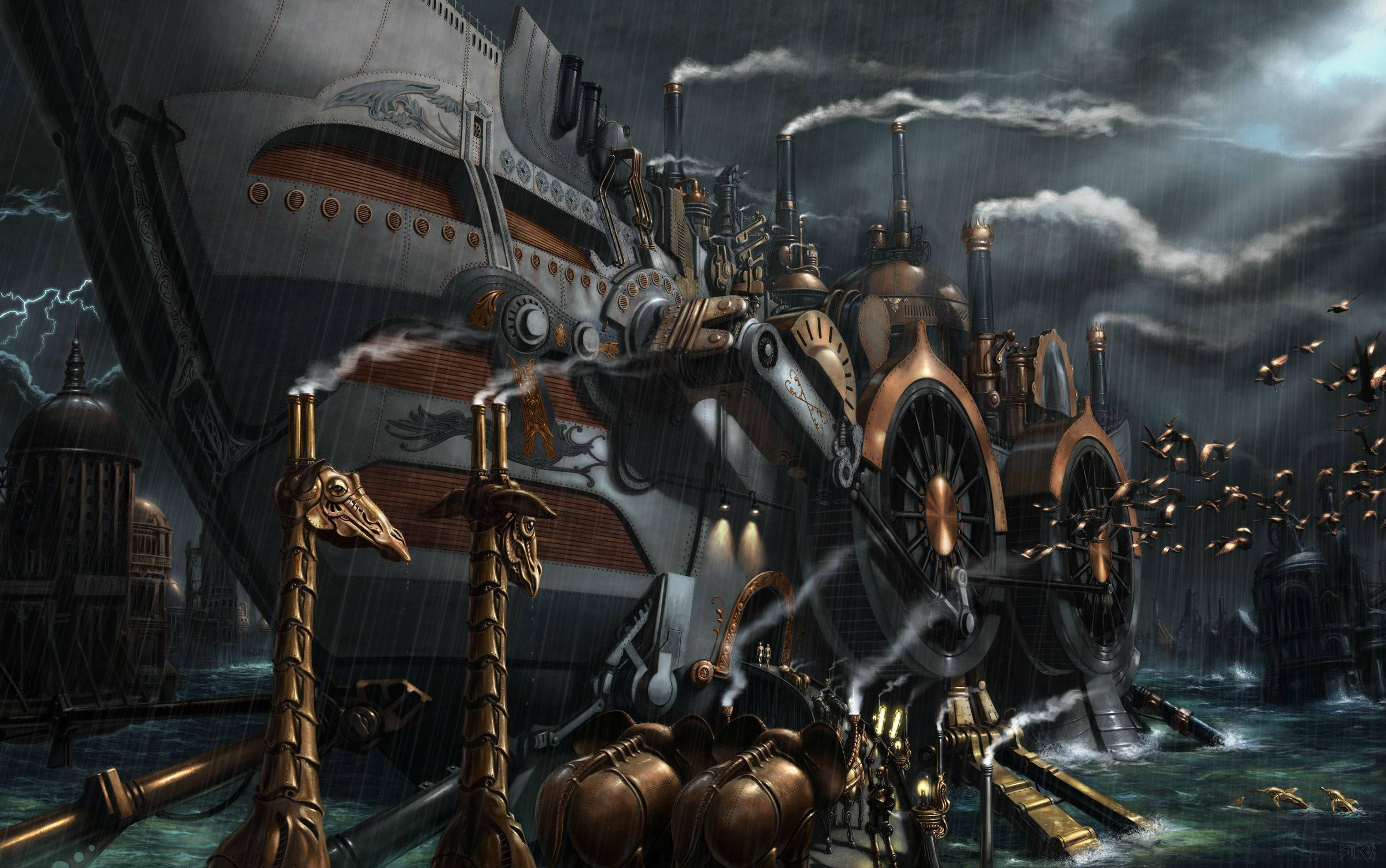 steampunk airship, brass pipes, gears, Full HD Desktop Wallpaper
