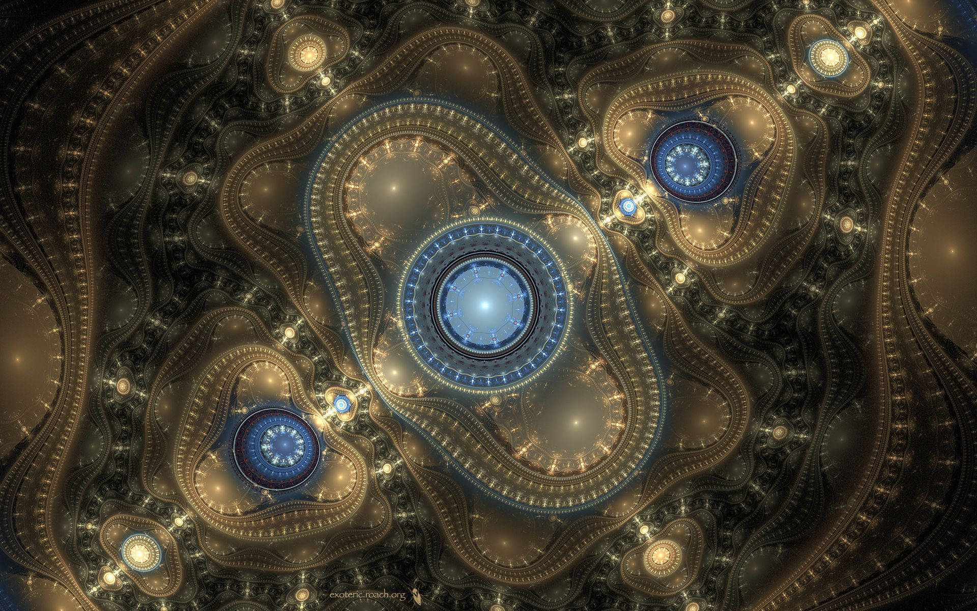 steampunk, glowing blue circular centers, golden organic patterns, Full HD Desktop Wallpaper