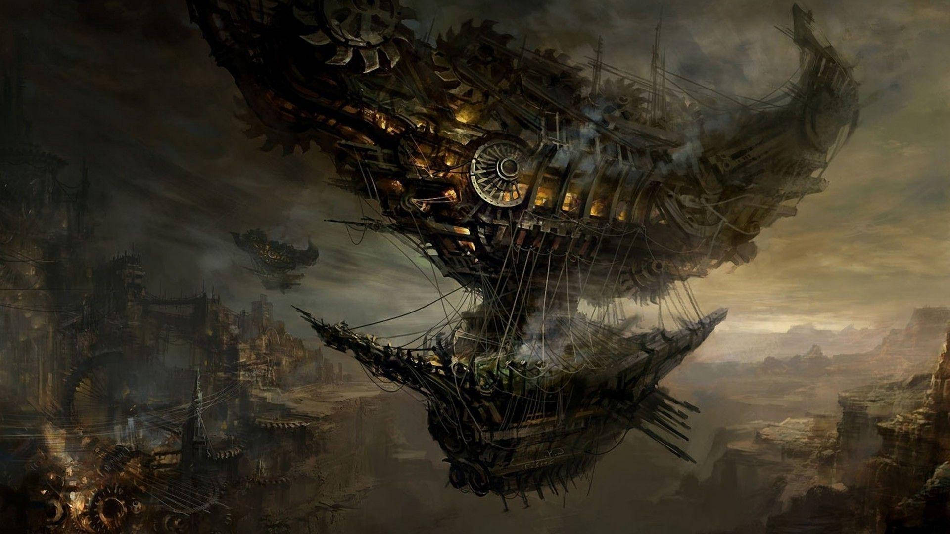 steampunk airship, glowing lights, intricate gears, Full HD Desktop Wallpaper