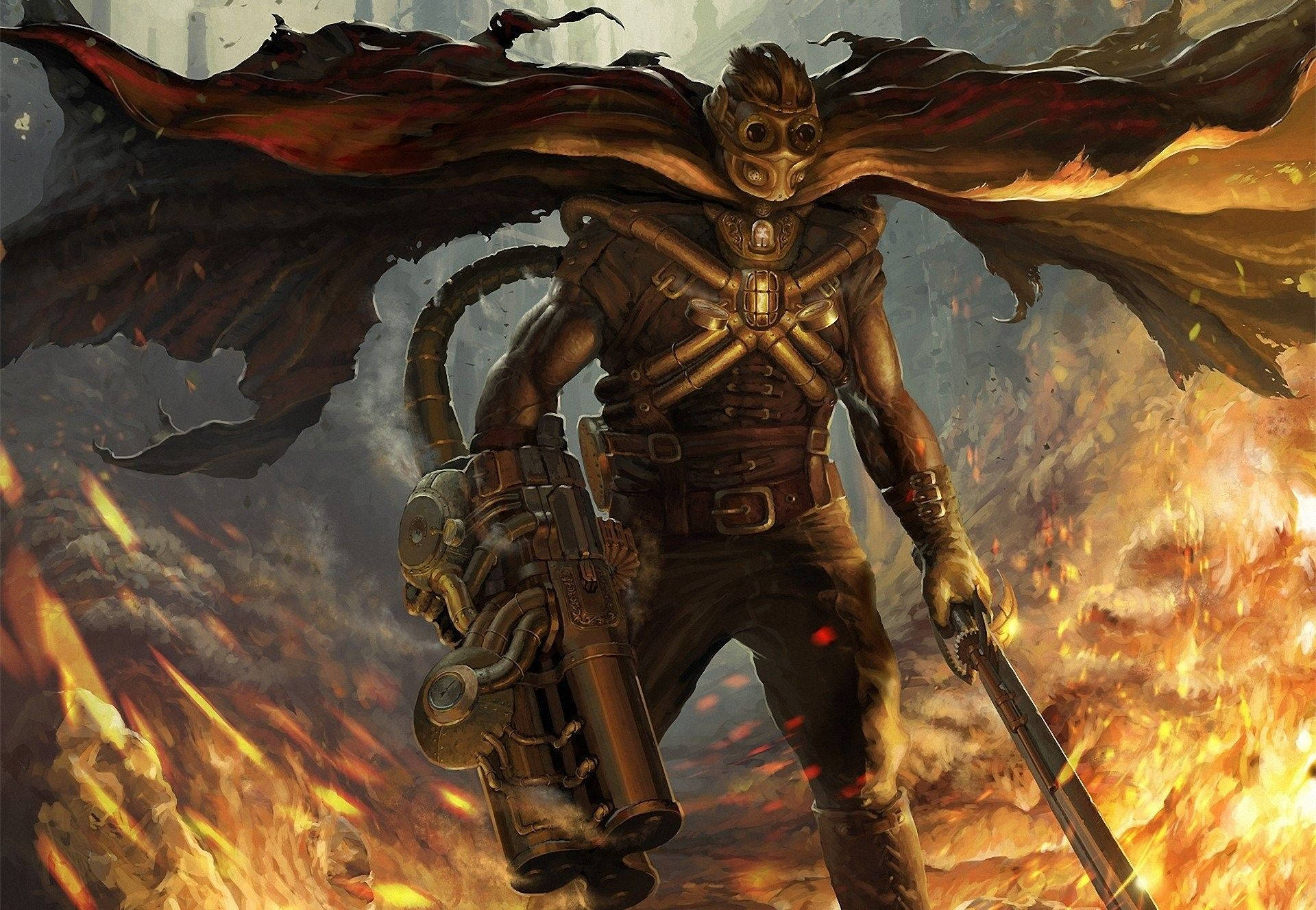 steampunk warrior, gas mask, flowing cape, Full HD Desktop Wallpaper