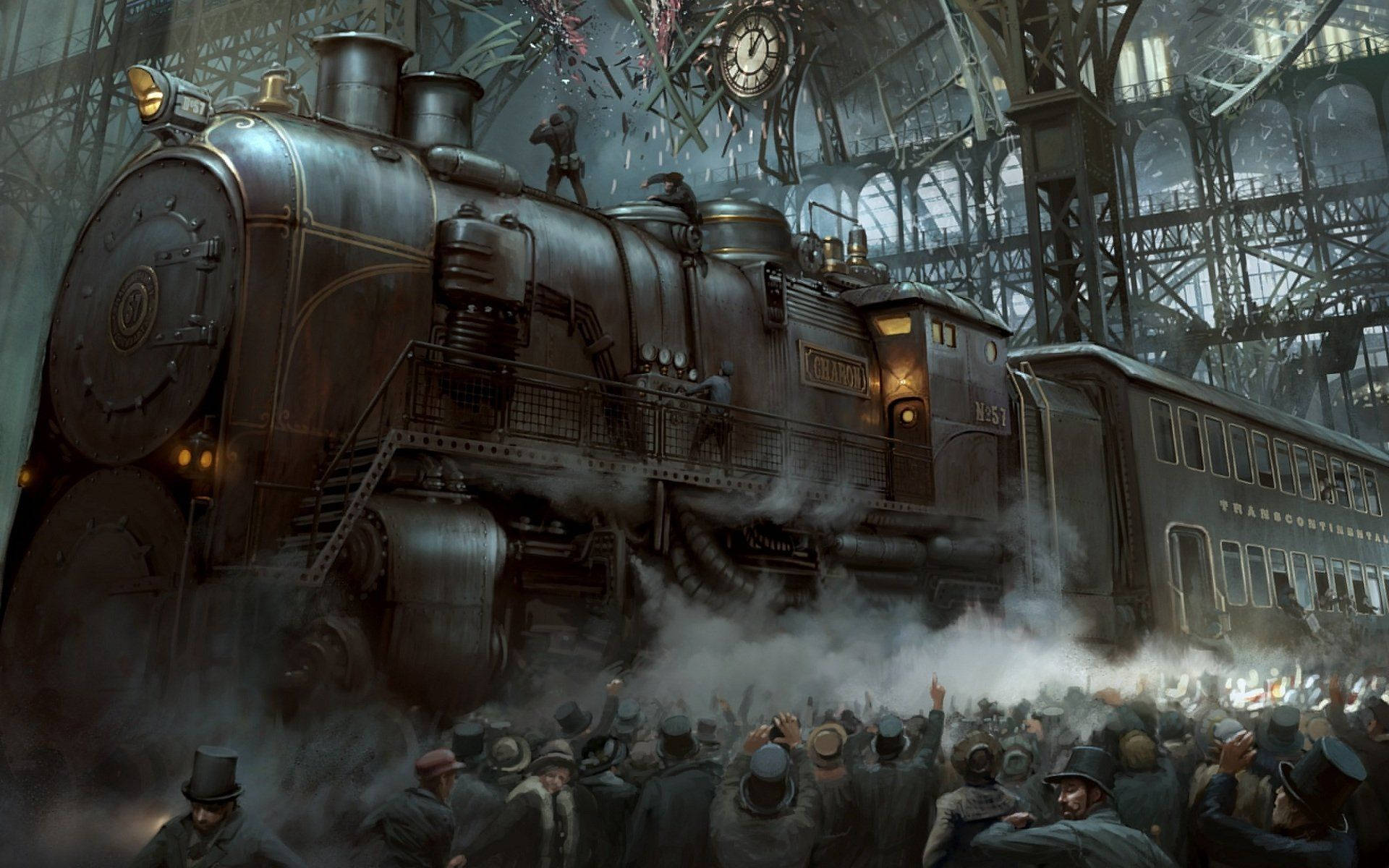 steampunk, steam locomotive, Victorian train station, Full HD Desktop Wallpaper