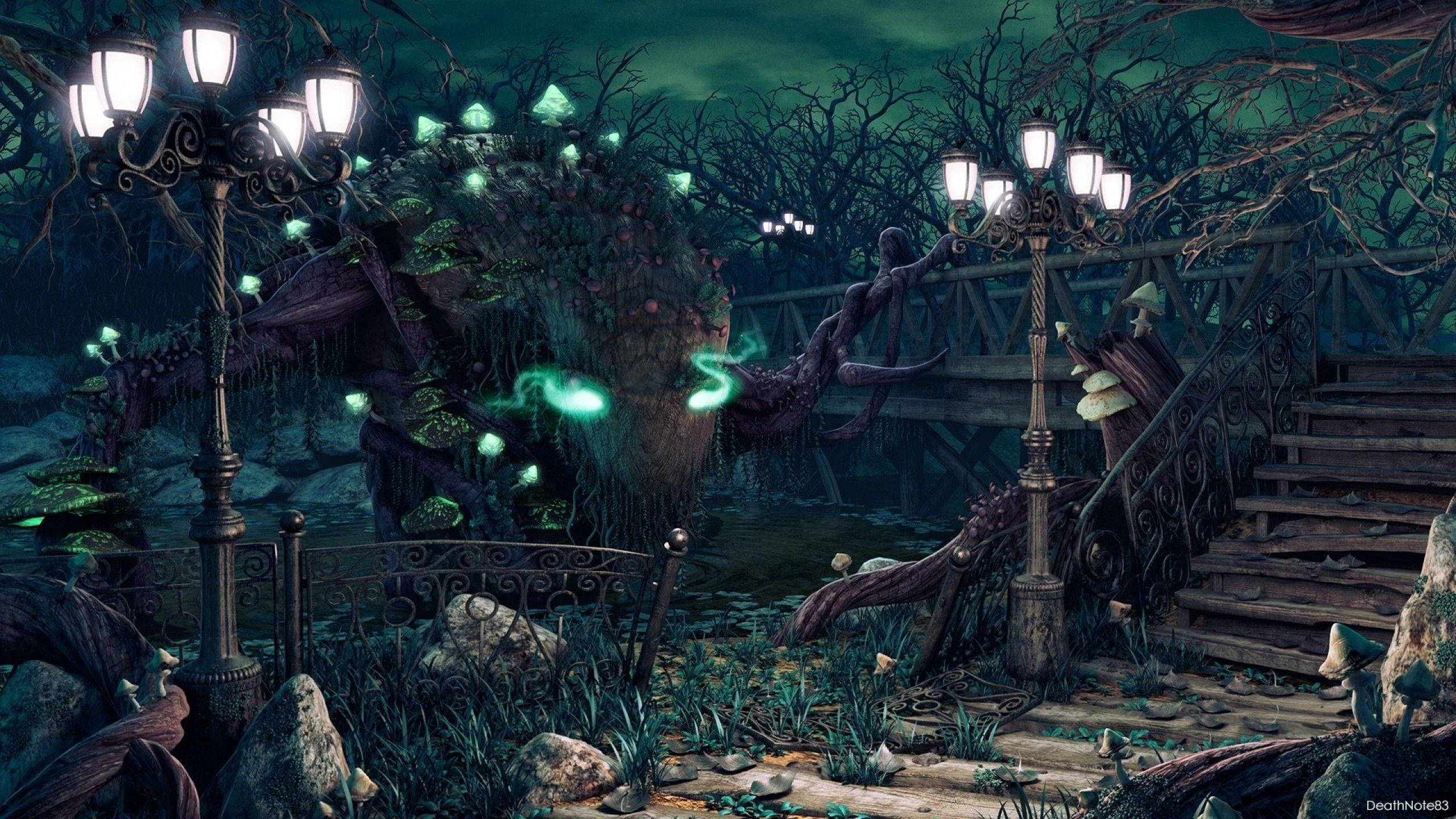 Steampunk, vintage street lamps, glowing green mushrooms, 2K Desktop Wallpaper
