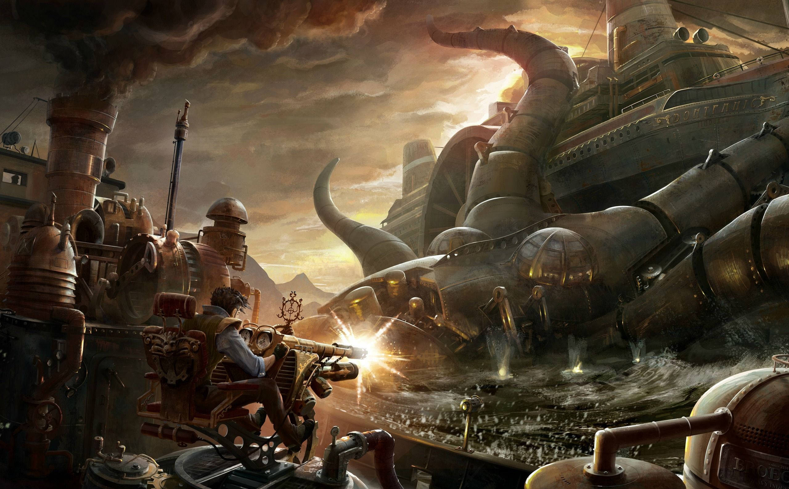 steampunk battleships, mechanical vessel, glowing cannon, 2K Desktop Wallpaper
