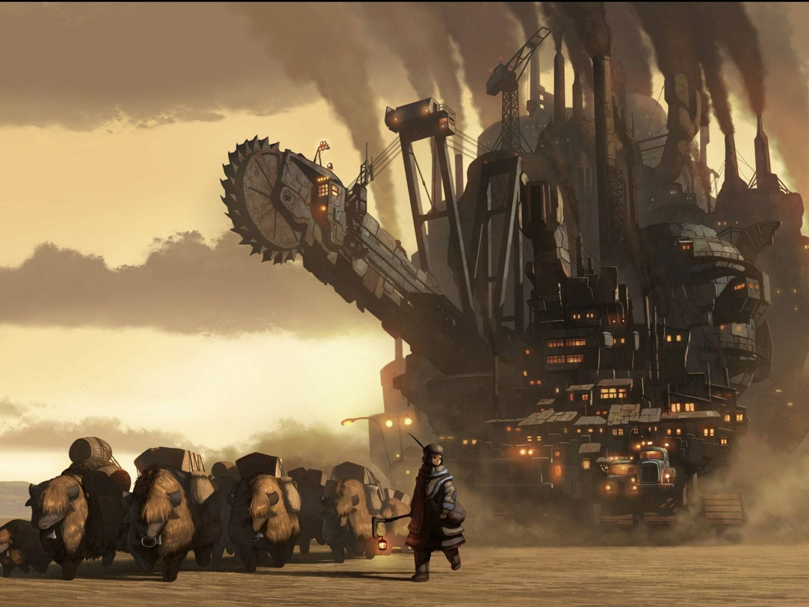 steampunk-inspired illustration, airship, desert, HD Desktop Wallpaper