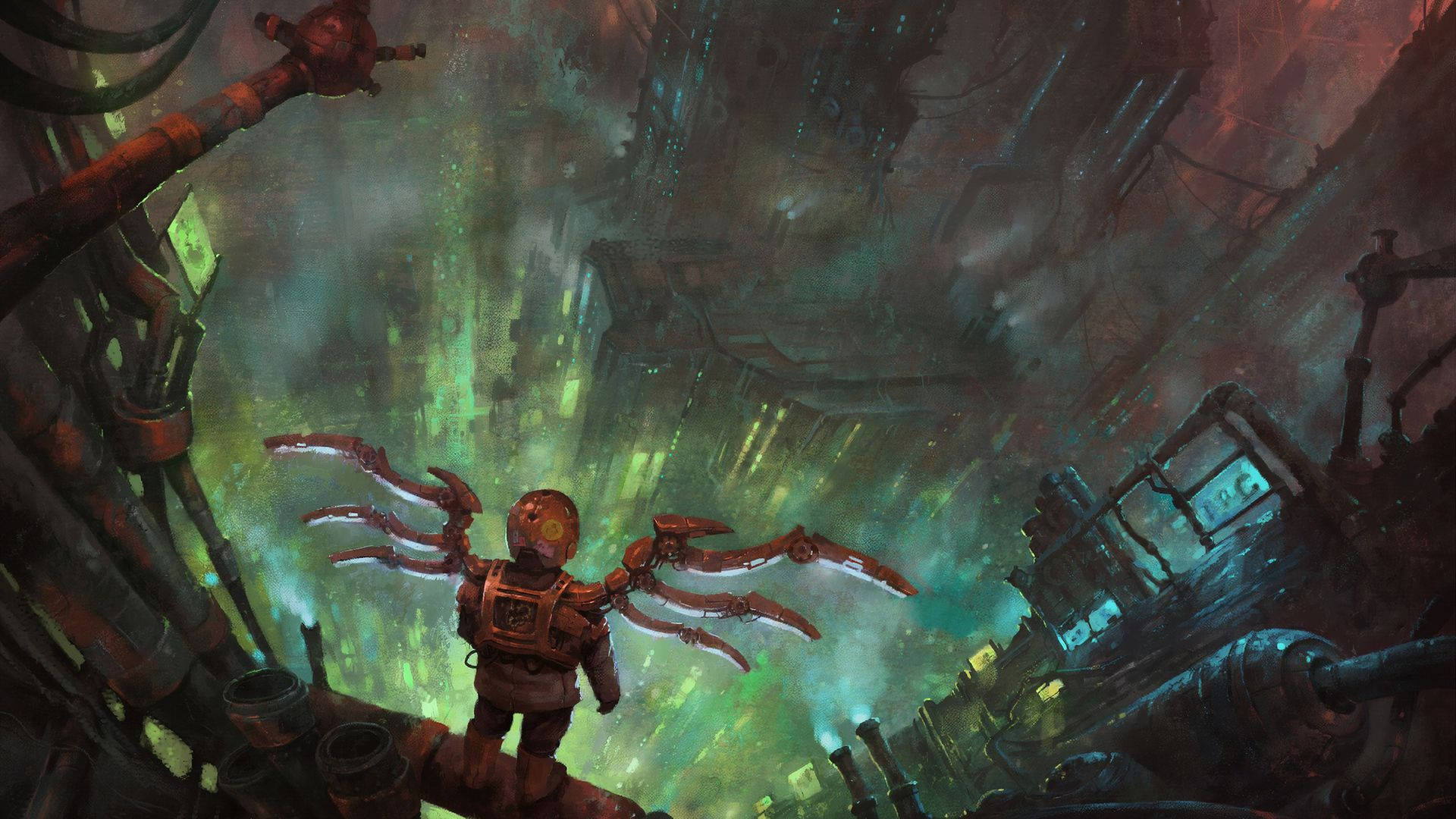 steampunk man advanced suit, mechanical arms, rusted platform, Full HD Desktop Wallpaper
