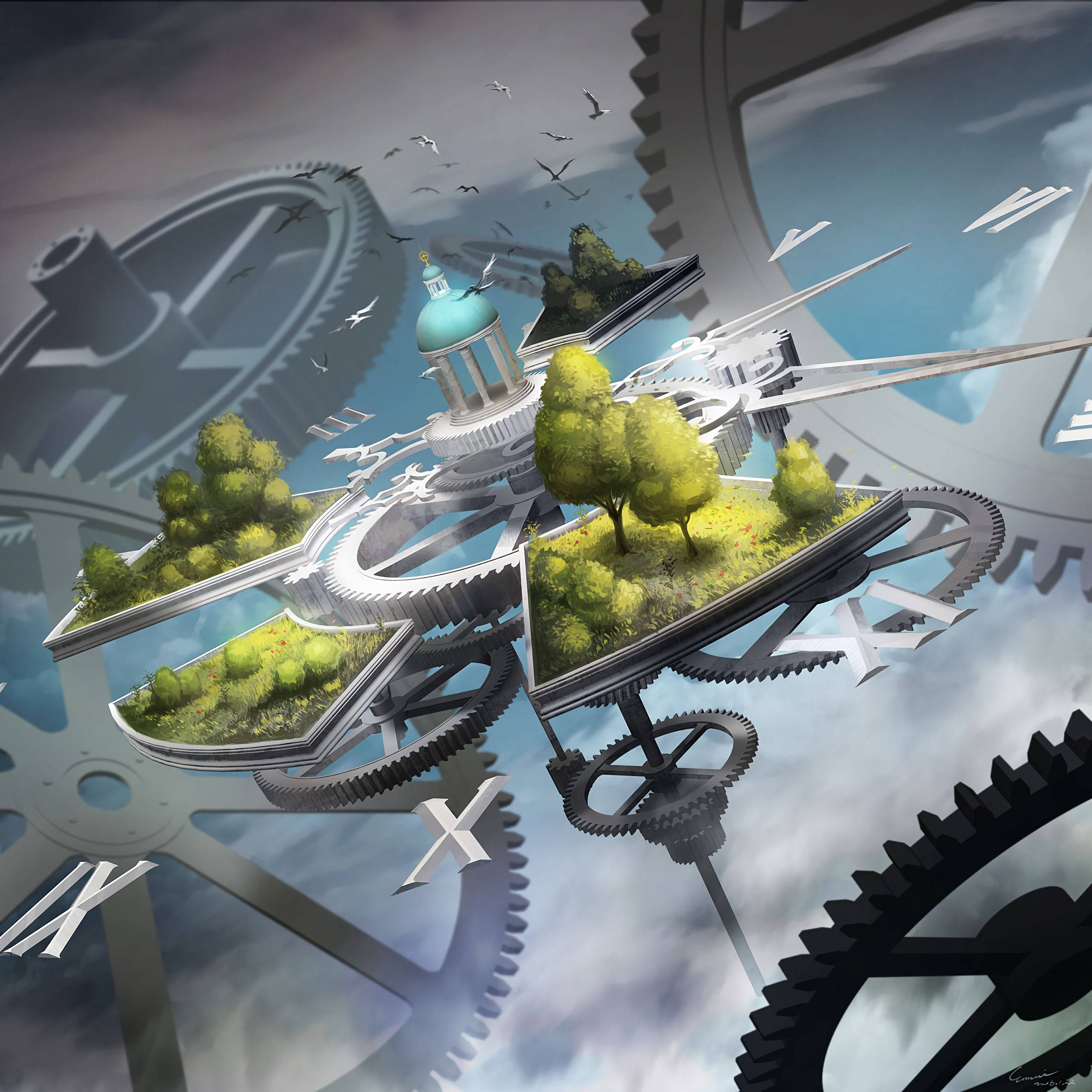 steampunk, mechanical gear clock, floating islands, 2K Desktop Wallpaper
