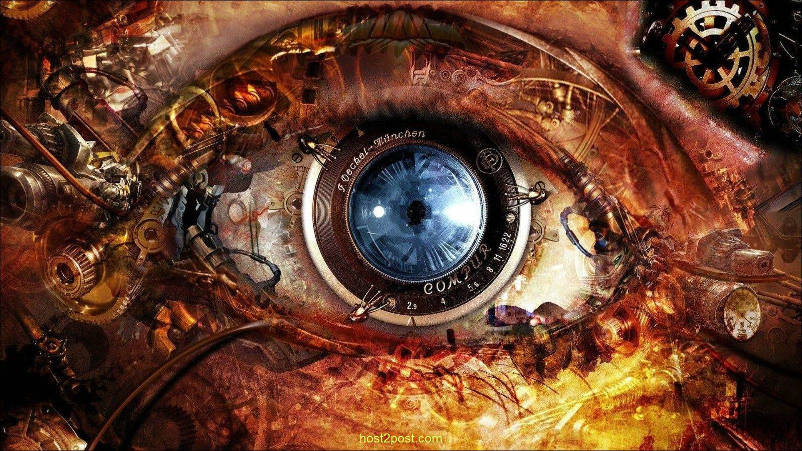 steampunk eye, blue iris, brass gears, HD Desktop Wallpaper