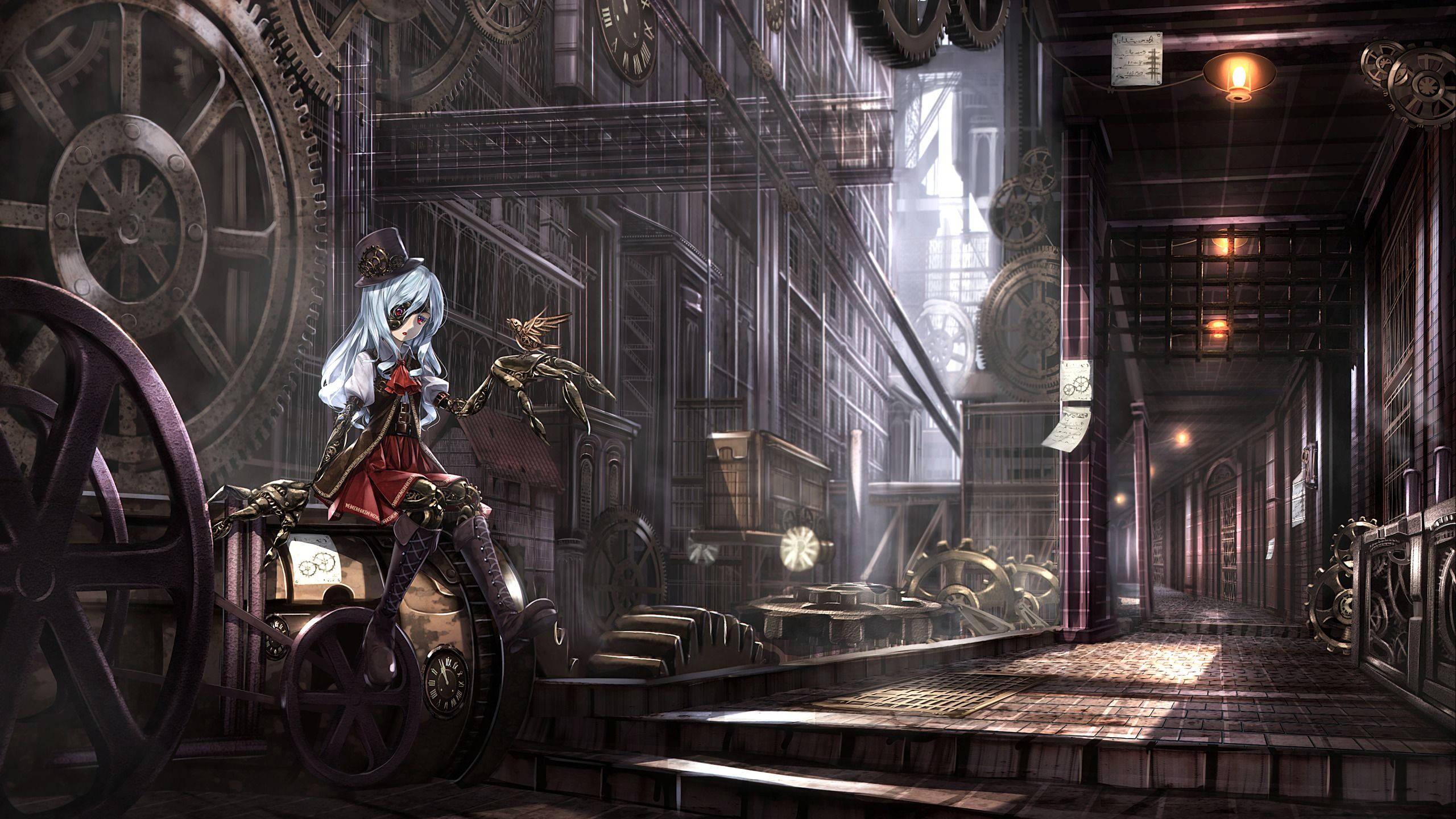 steampunk anime girl, top hat, red dress, 2K Desktop Wallpaper