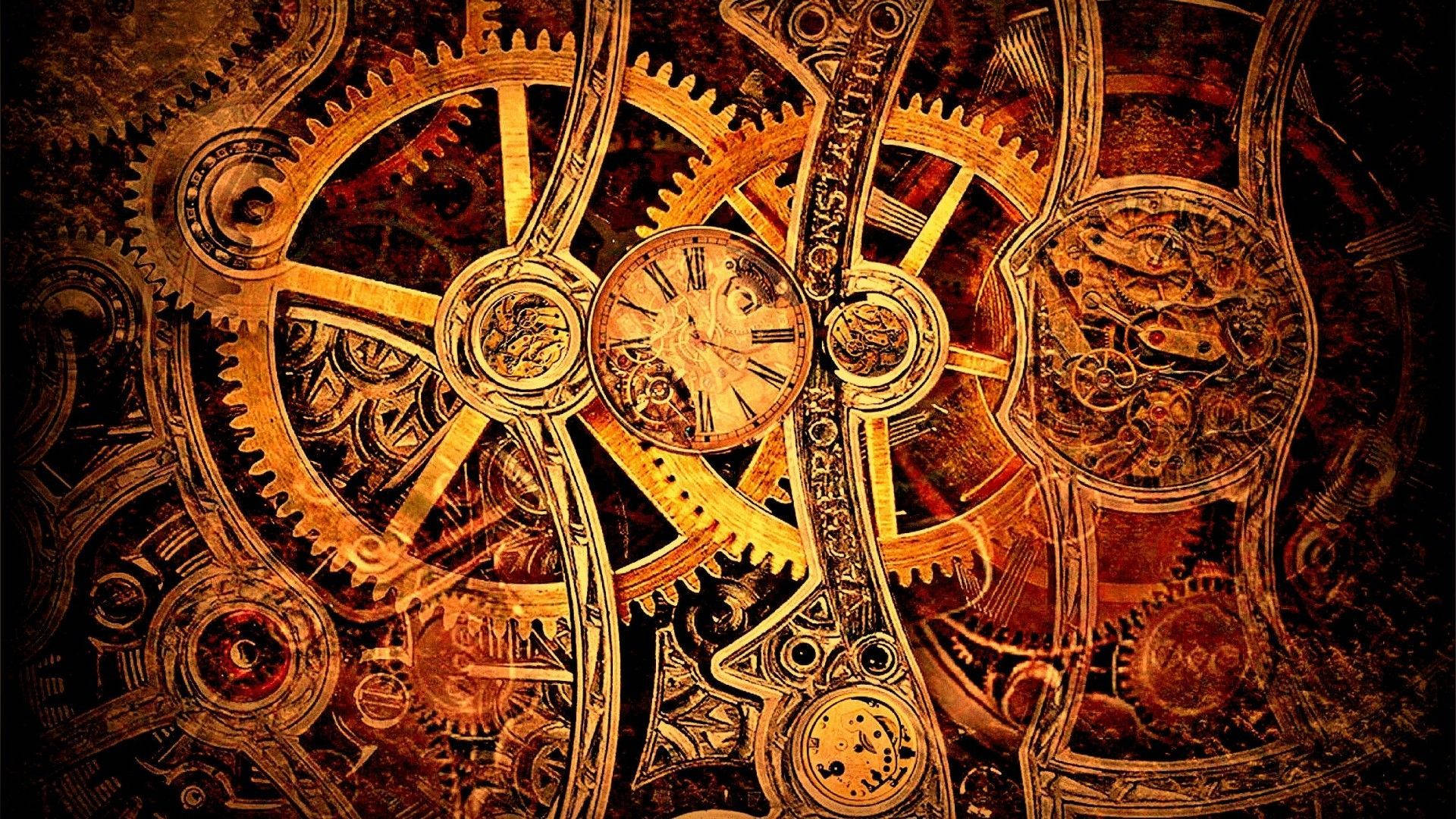 steampunk, clock, golden brass, Full HD Desktop Wallpaper