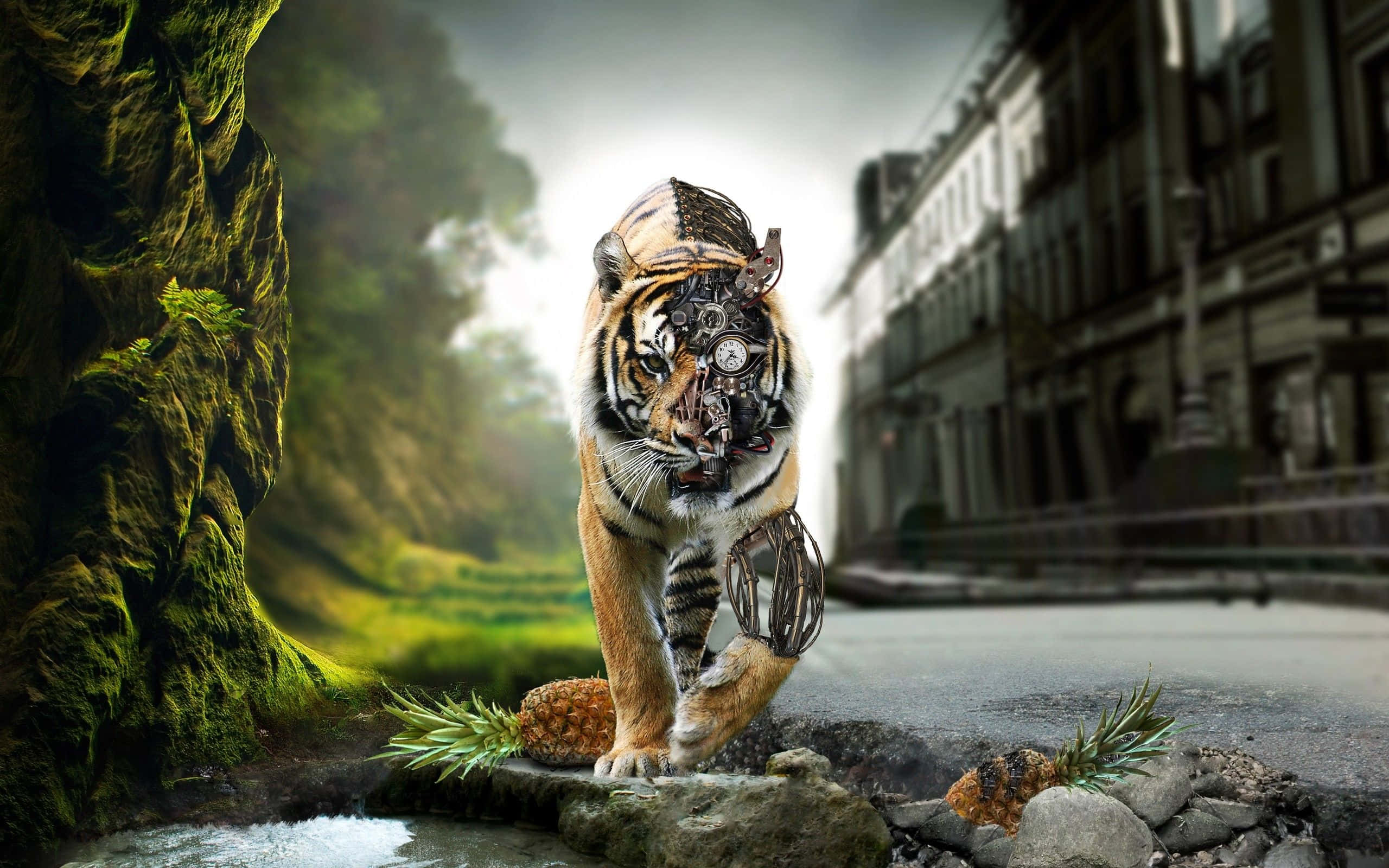 steampunk tiger, mechanical gears, pipes, 2K Desktop Wallpaper