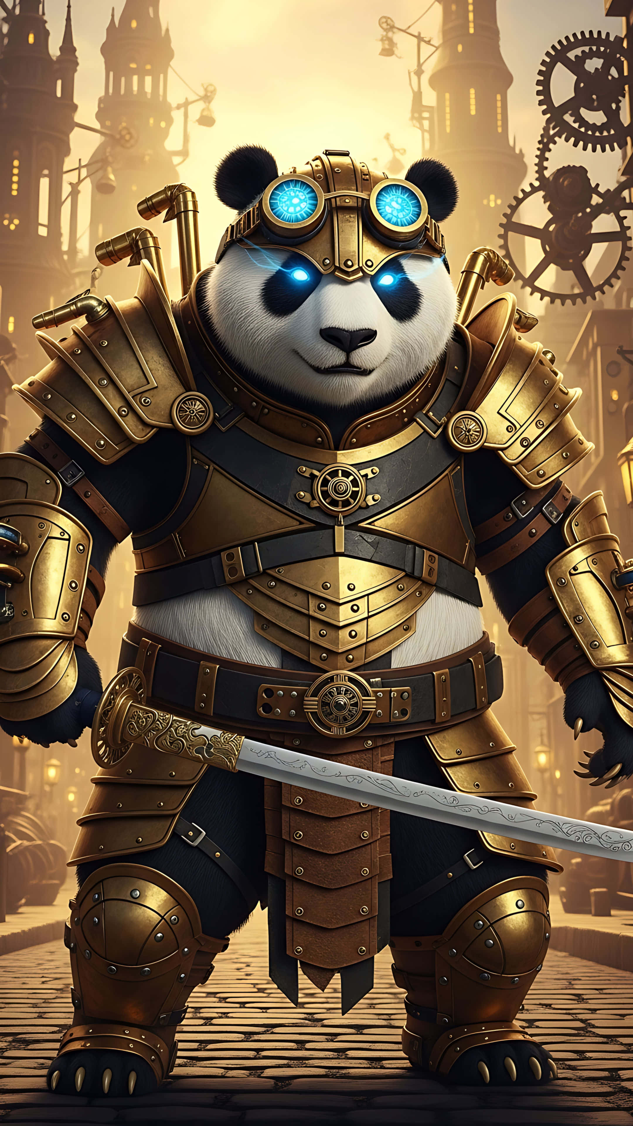 panda, golden steampunk armor, glowing blue goggles, 4K Phone Wallpaper