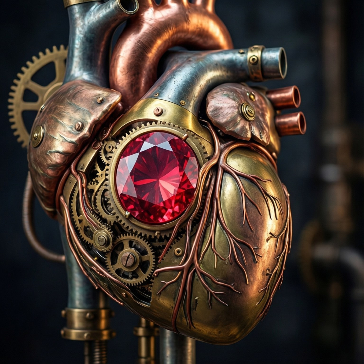 mechanical heart, copper brass gears, glowing red gemstone core, HD Desktop Wallpaper