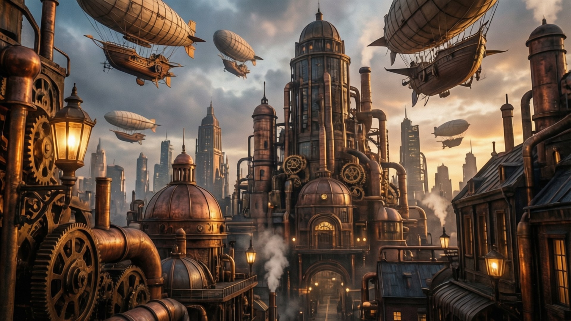 steampunk skyline, dusk, brass gears, Full HD Desktop Wallpaper