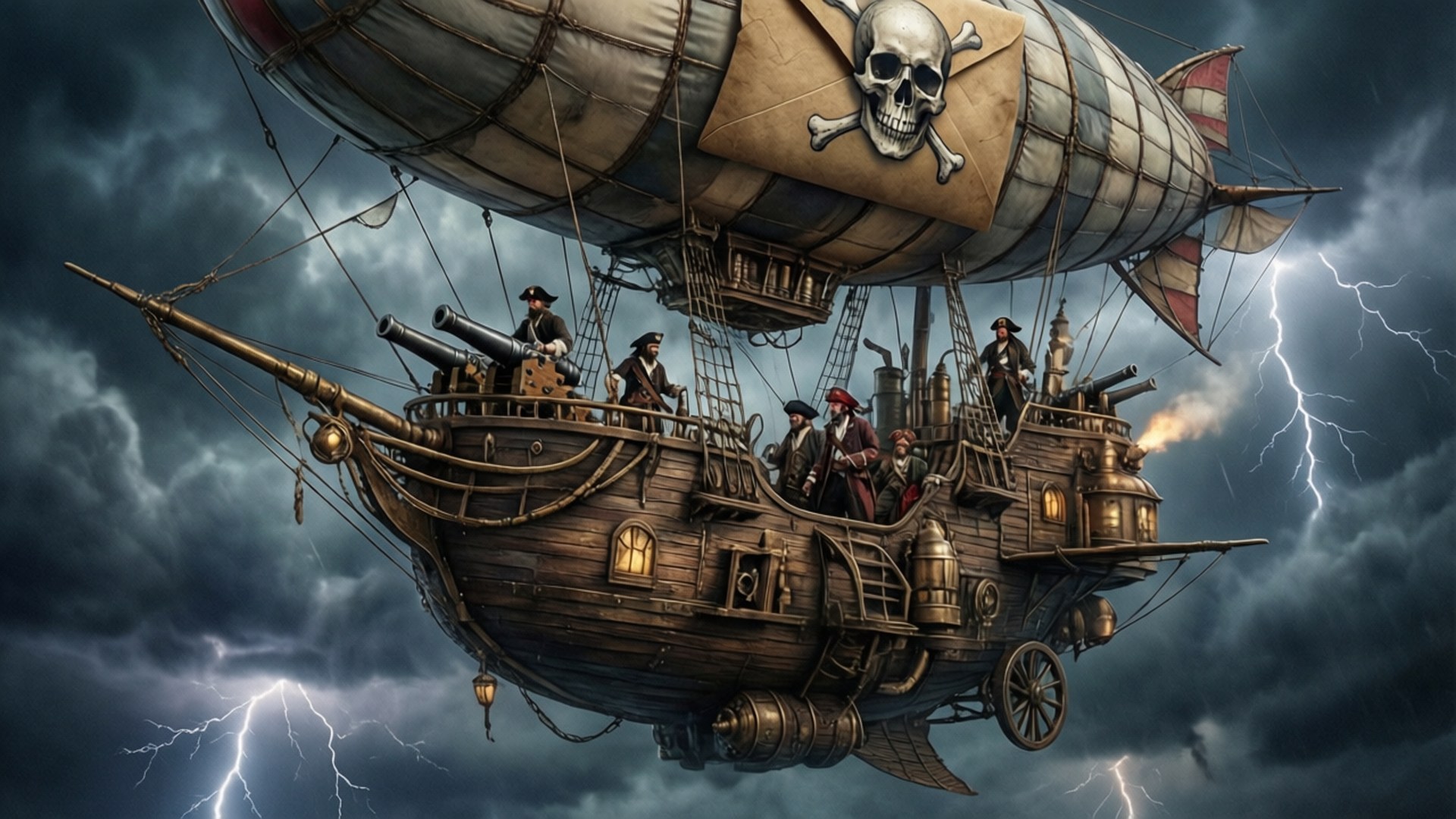 sky pirate ship, skull flag, stormy skies, Full HD Desktop Wallpaper