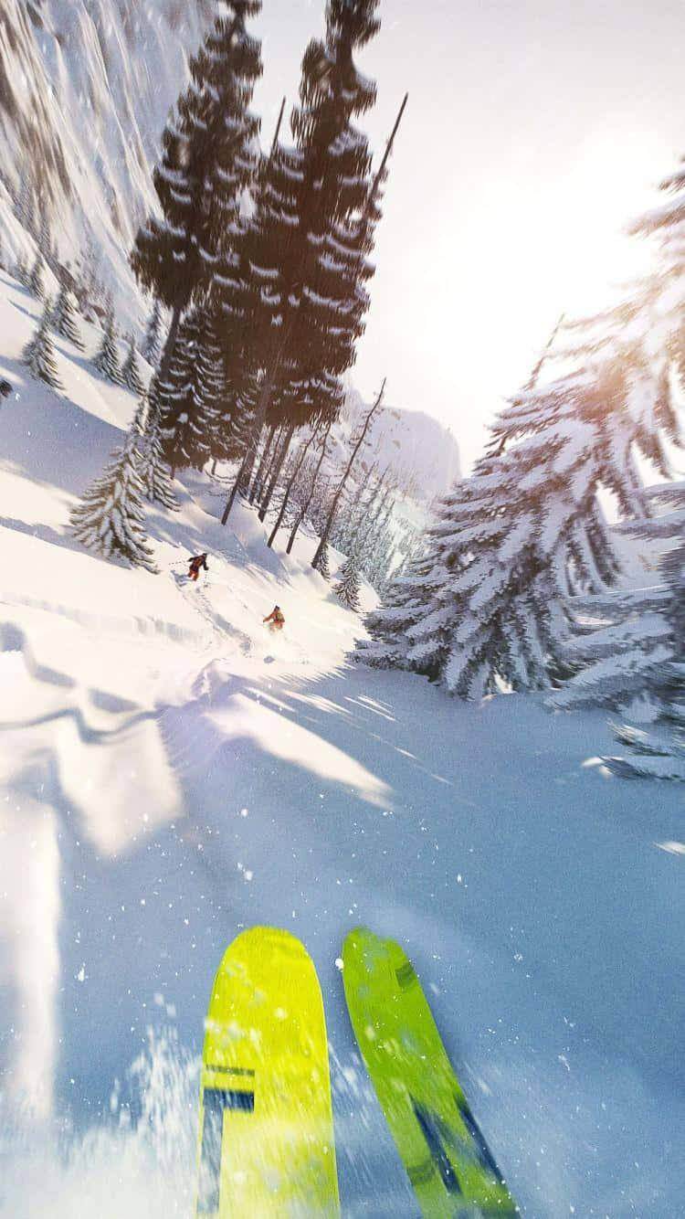 Steep, bright green skis, fresh powder snow, HD Phone Wallpaper