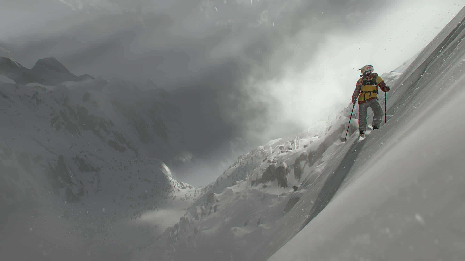 steep mountain slope, yellow jacket, snowy mountain ridge, Full HD Desktop Wallpaper