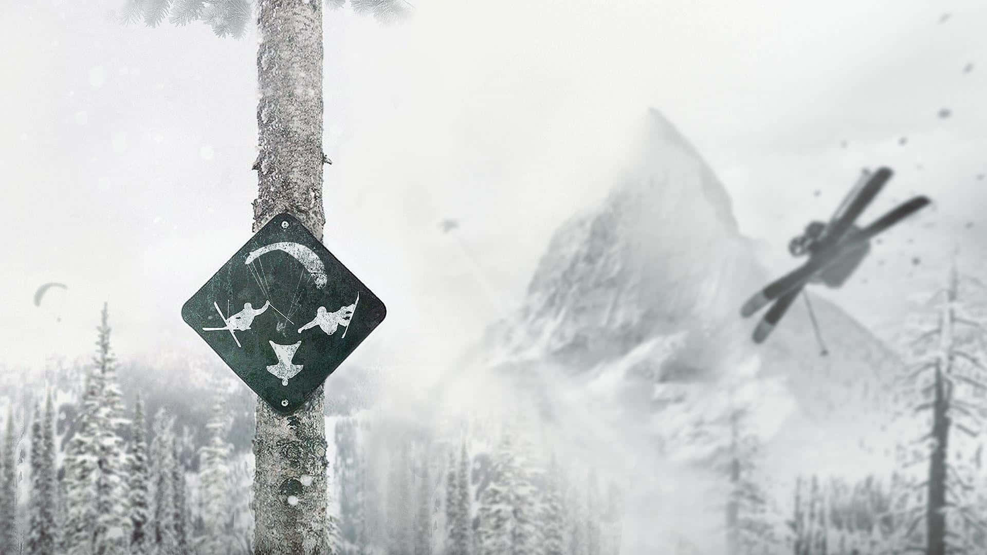 Misty Steep Mountain, snowy mountain, tree-mounted sign, Full HD Desktop Wallpaper
