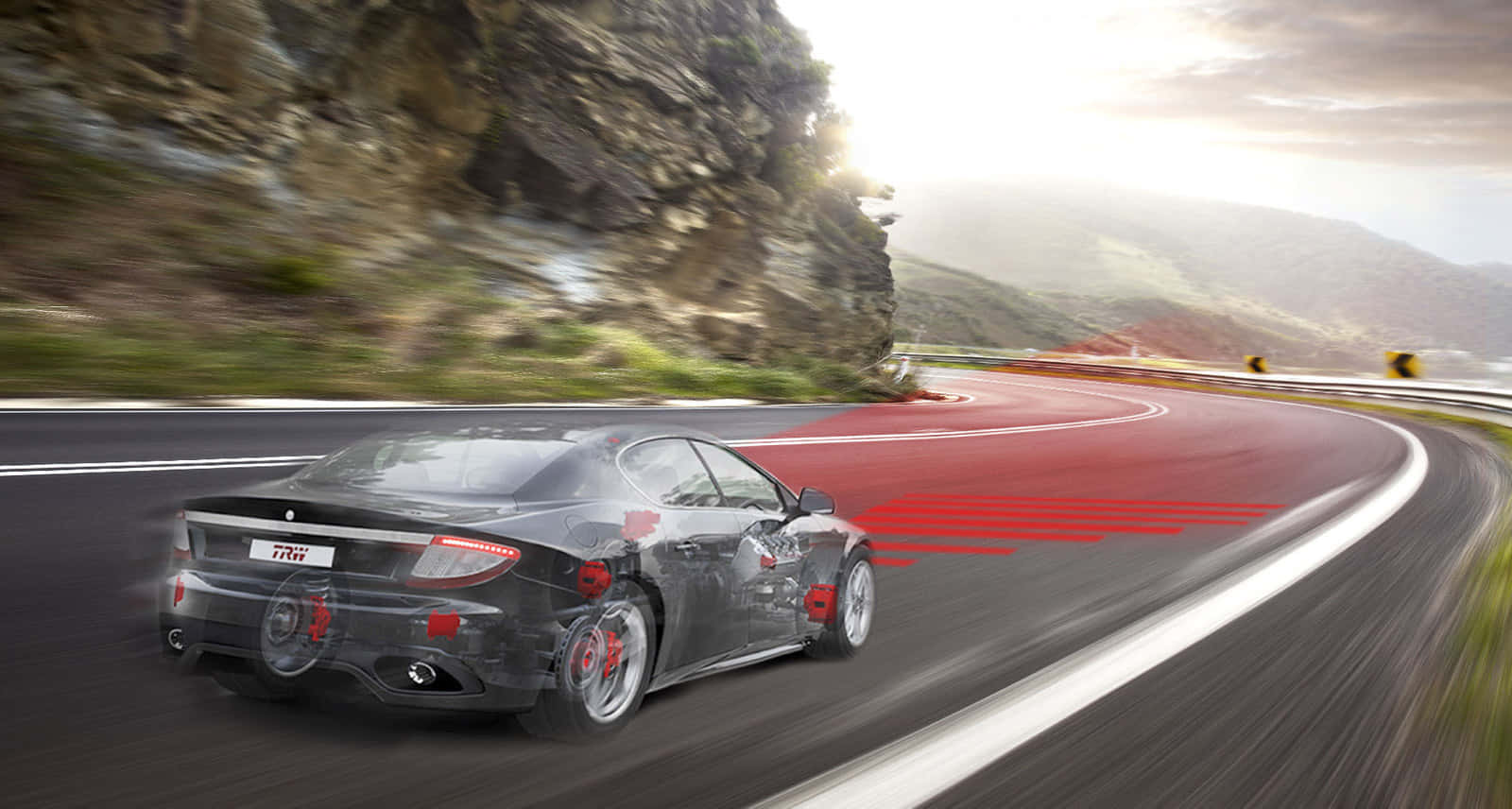 sleek black sports car, winding mountain road, red asphalt markings, HD Desktop Wallpaper