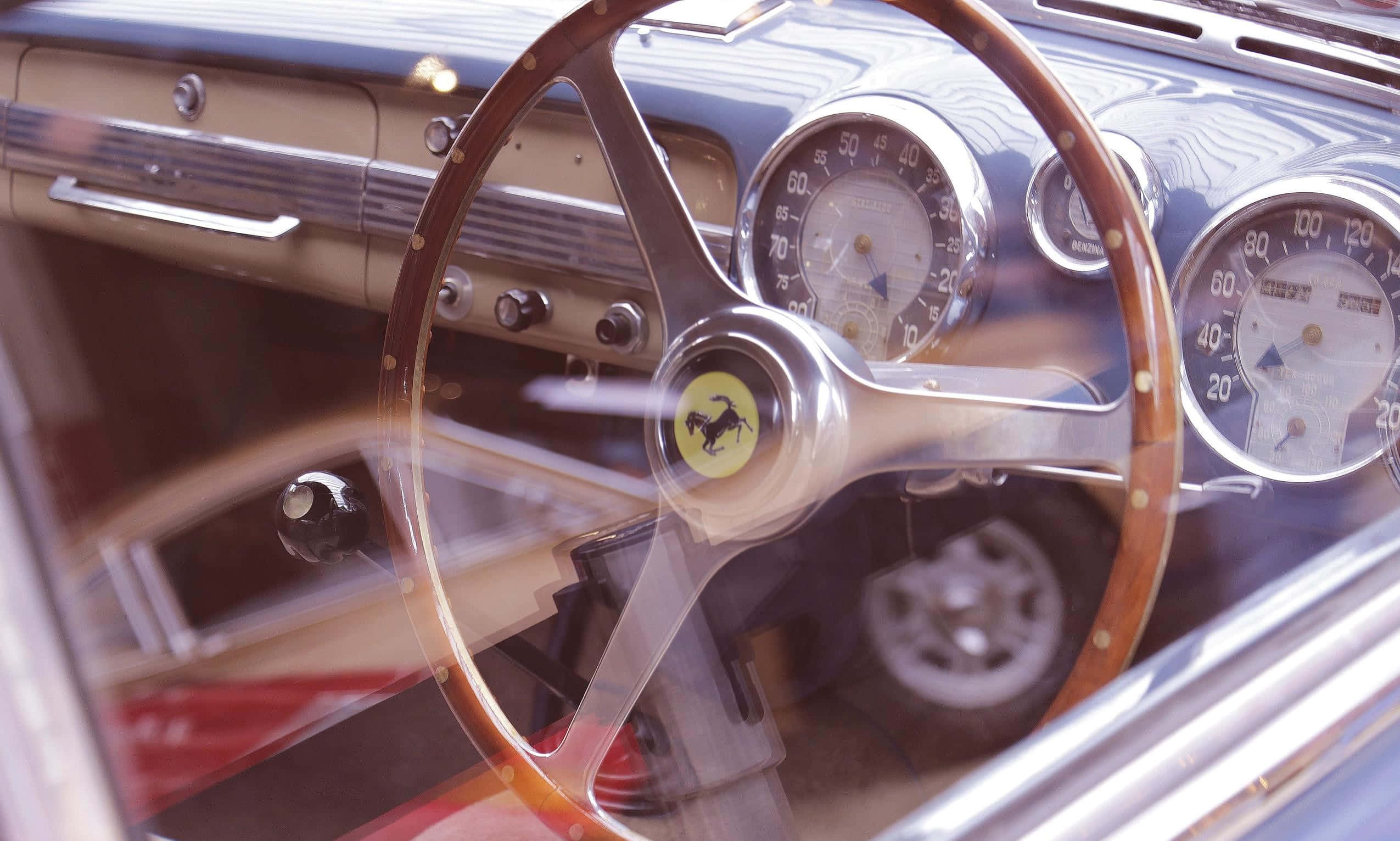 vintage Ferrari, wooden steering wheel, chrome gauges, Full HD Desktop Wallpaper