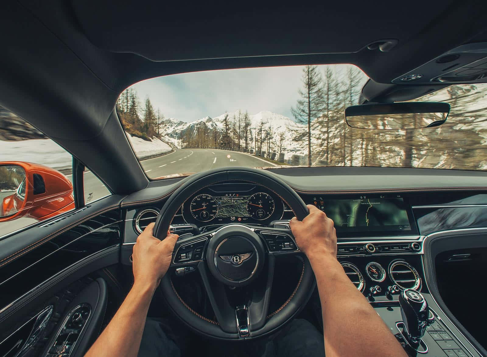 luxury car, steering wheel, winding mountain road, HD Desktop Wallpaper