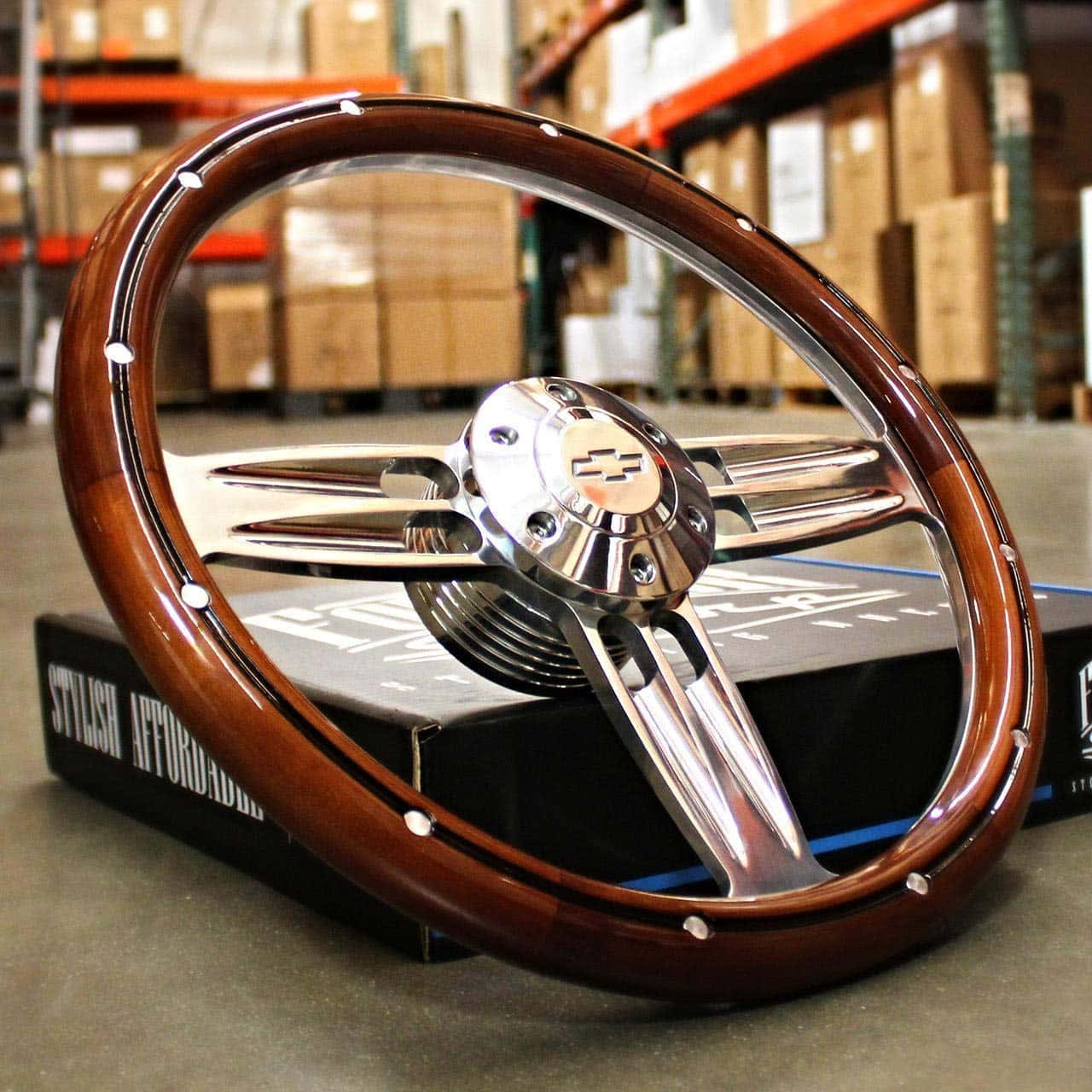 classic wooden steering wheel, chrome accents, product box, HD Desktop Wallpaper